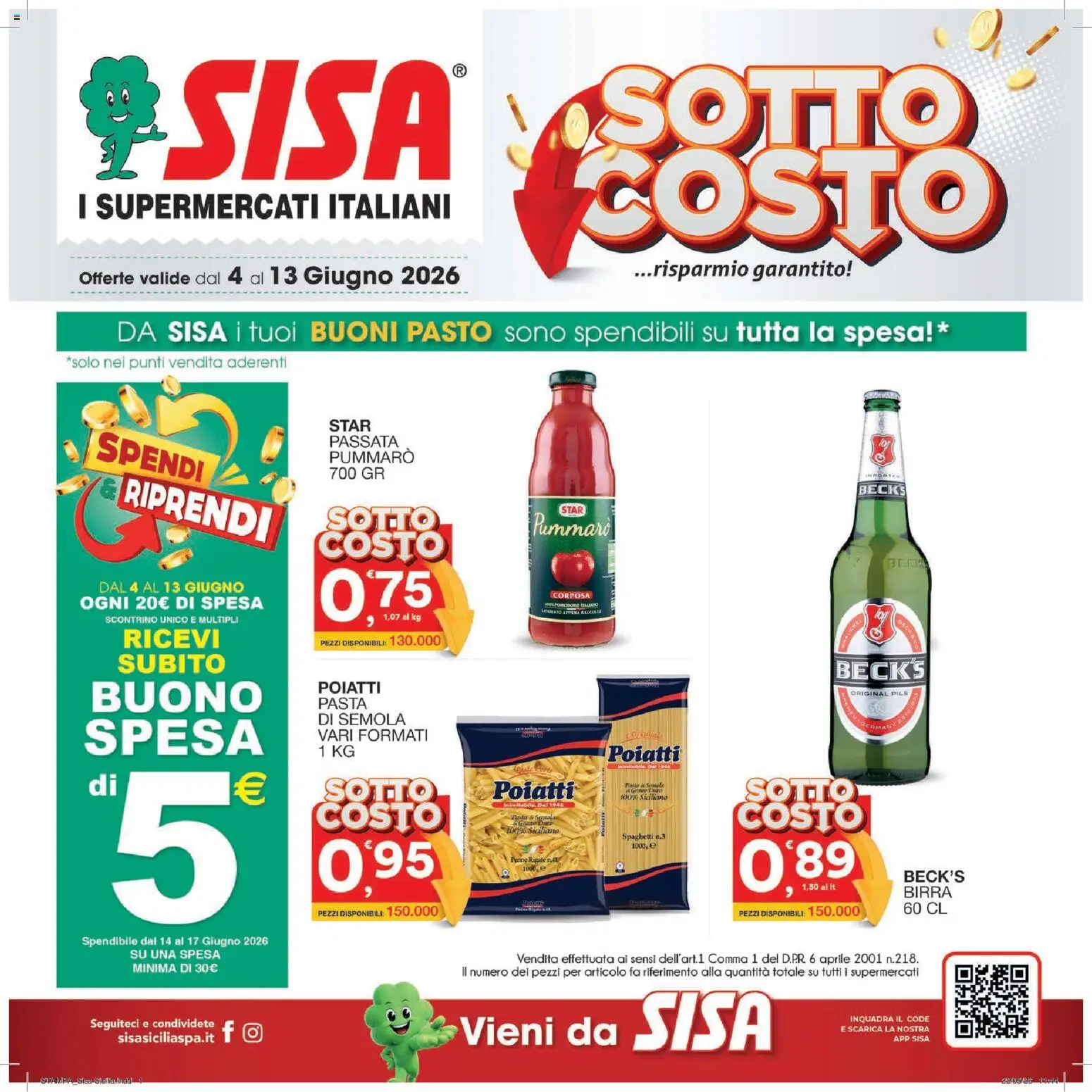 Volantino SISA del 04.06.2026 | Pagina: 1 | Prodotti: Birra, Pasta, Penne