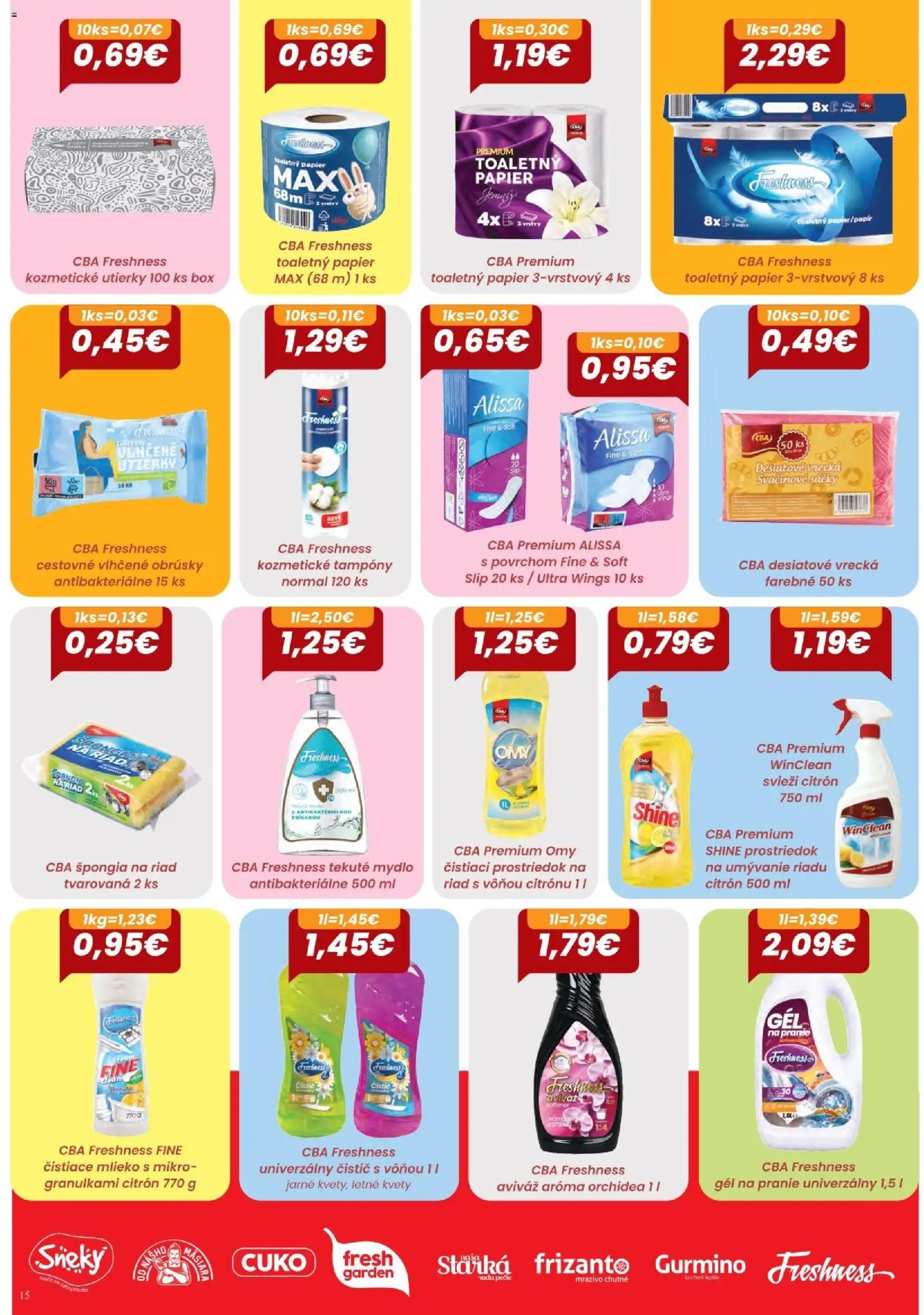 Nové CBA Komfos akcie – leták je platný od 03.09.2026 | Strana: 15 | Produkty: Riad, Aviváž, Toaletný papier 3vrstvový, Utierky