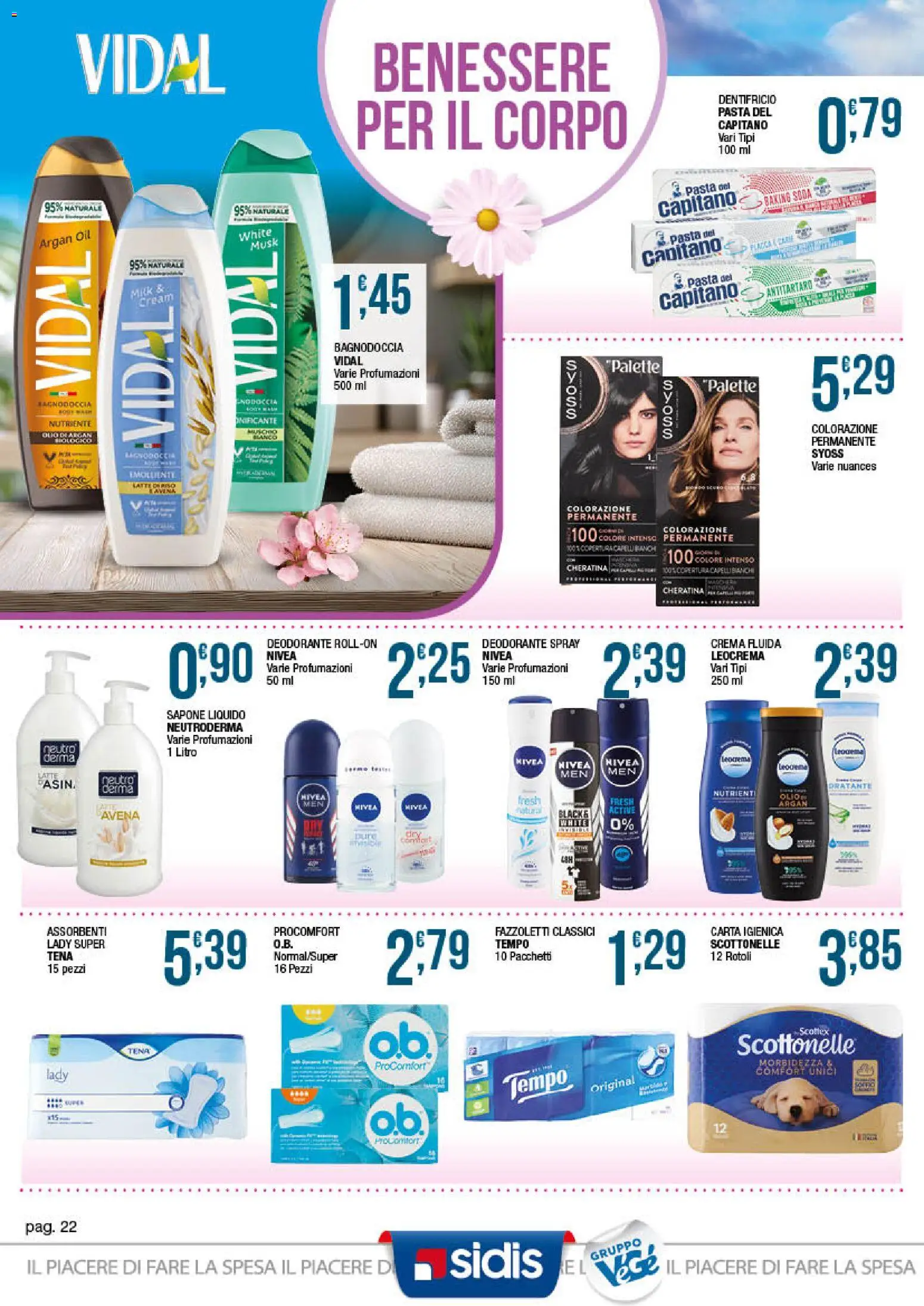 Volantino Sidis del 01.06.2026 | Pagina: 22 | Prodotti: Crema, Carta igienica, Deodorante, Fazzoletti