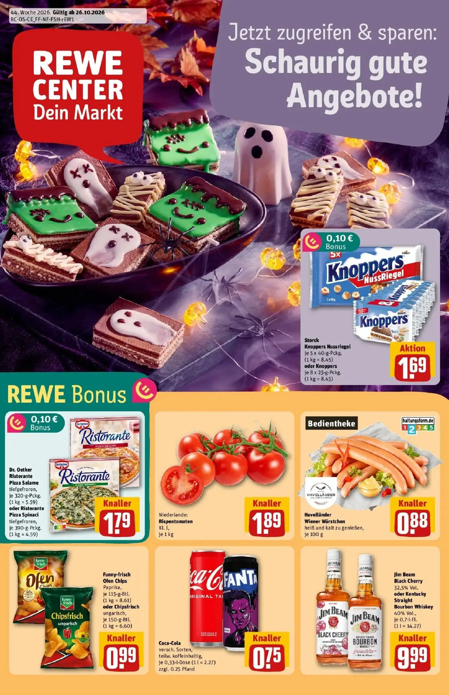 REWE Prospekt ab 26.10.2026 zum Blättern » Angebote | Seite: 1 | Produkte: Jim beam, Wiener wurstchen, Pizza, Whiskey