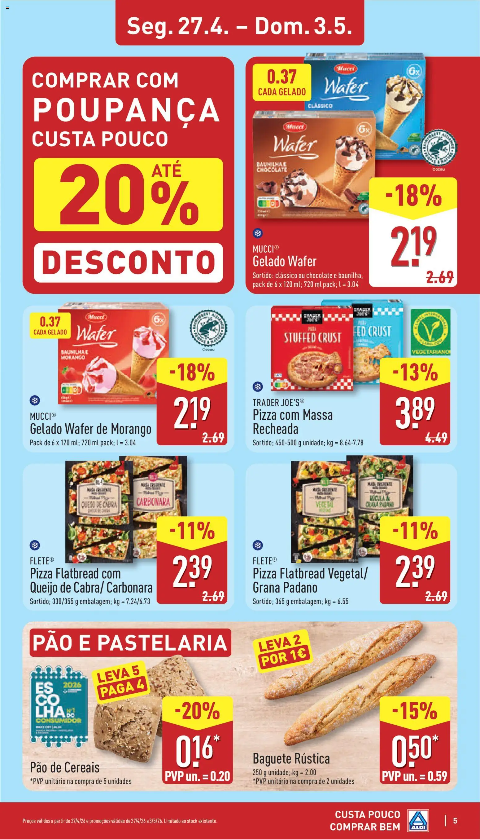 Aldi folheto │ válido de 27.04.2026 | Página: 5 | Produtos: Gelado, Pão, Pizza, Cereais