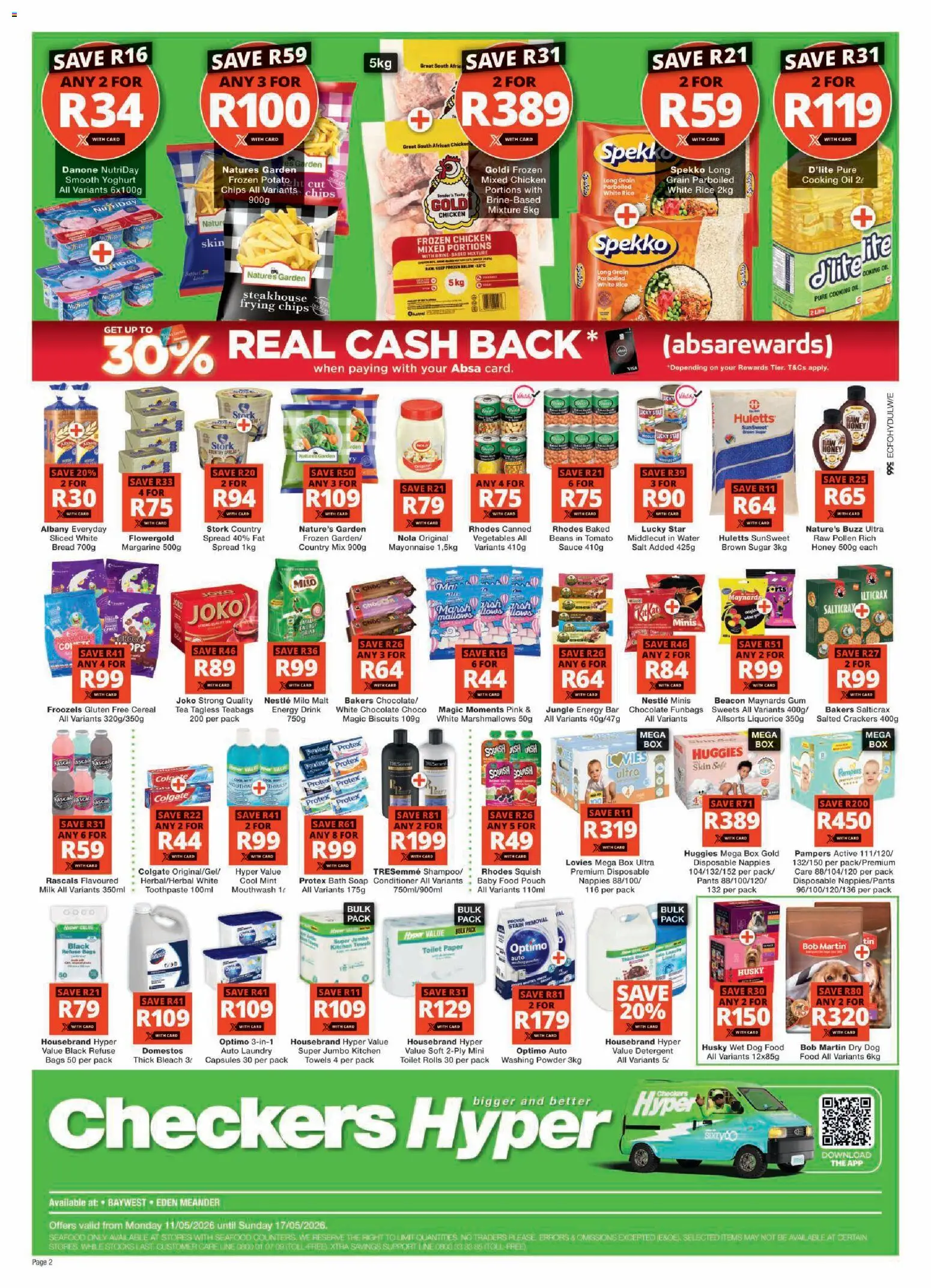 New Checkers catalogue – valid from 11.05.2026 | Page: 2 | Products: Beans, Chocolate, Refuse bags, Detergent