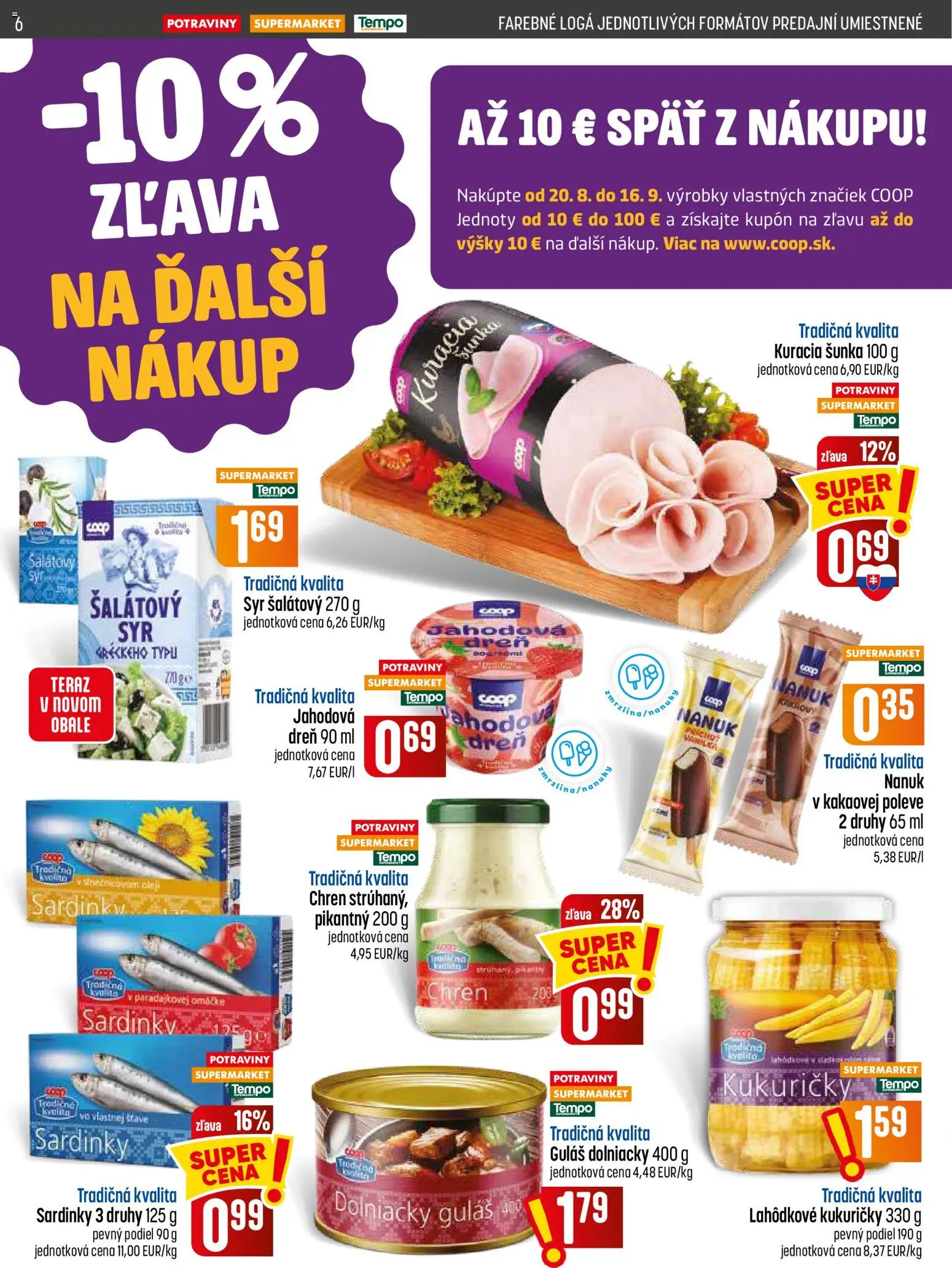 Nové COOP Jednota akcie – leták je platný od 20.08.2026 | Strana: 6 | Produkty: Chren, Šunka, Nanuk, Kuracia šunka