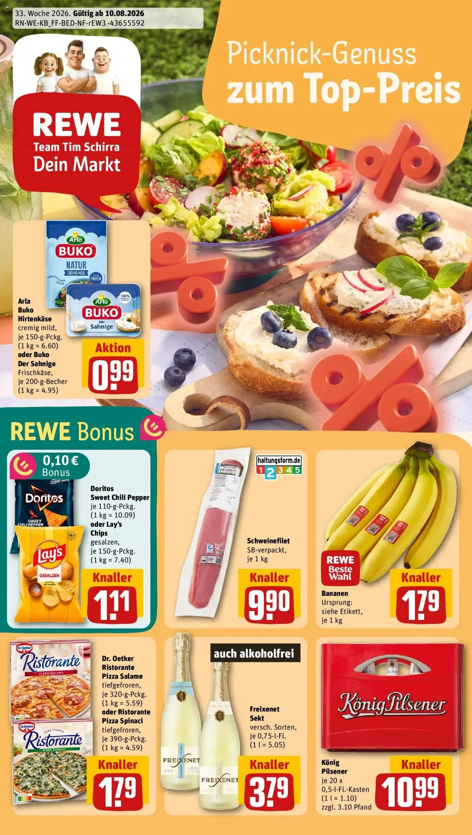 REWE Prospekt ab 10.08.2026 zum Blättern » Angebote | Seite: 1 | Produkte: Bananen, Arla buko, Pizza, Chips
