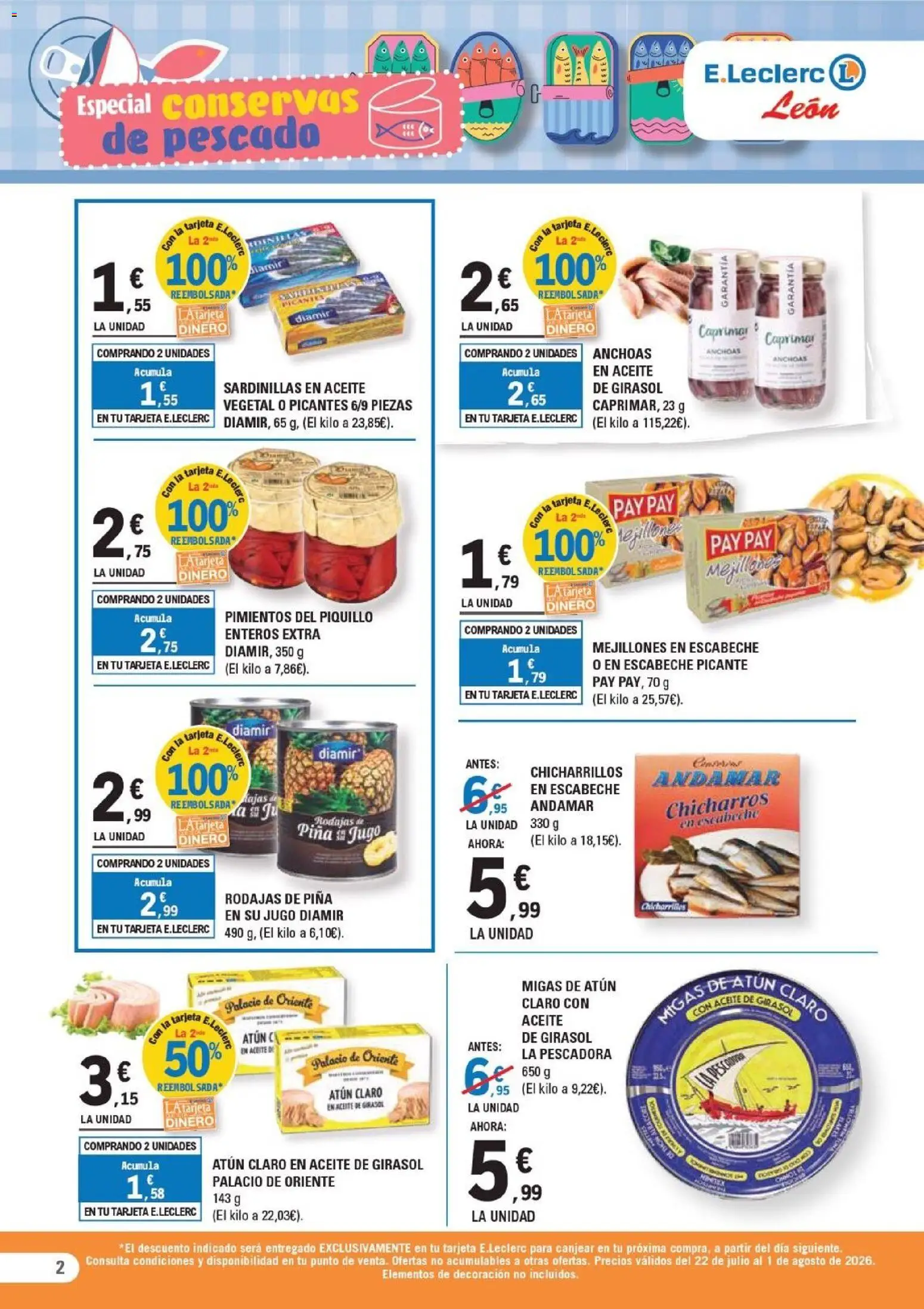 E.Leclerc folleto León │ válido desde el 22/07/2026 | Página: 2 | Productos: Aceite, Jugo, Piña, Aceite de girasol