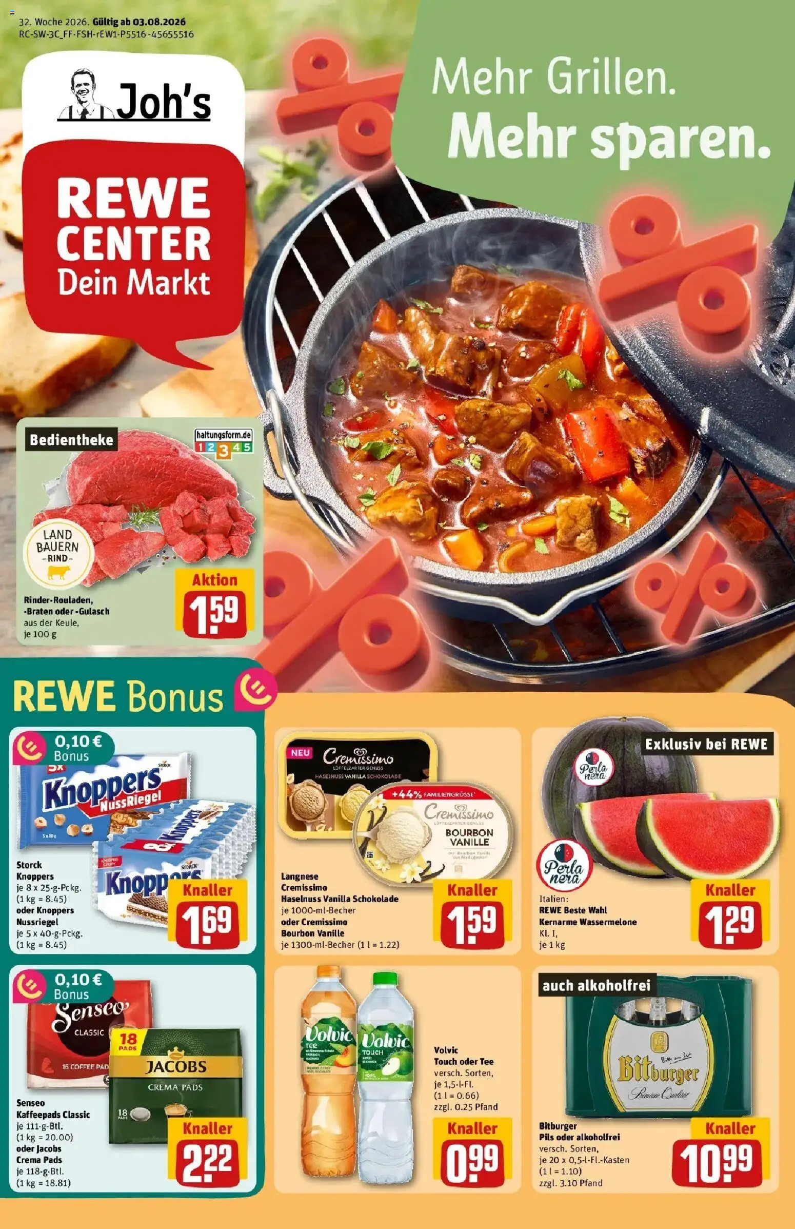 REWE Prospekt ab 03.08.2026 zum Blättern » Angebote | Seite: 1 | Produkte: Langnese, Schokolade, Gulasch, Tee