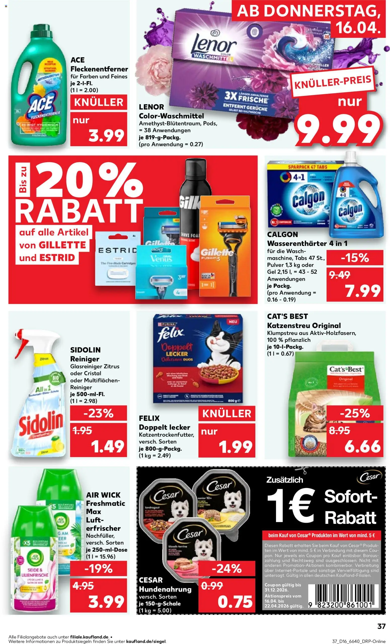 Kaufland Německo leták od 16.04.2026 | Strana: 37 | Produkty: Felix, Lenor, Air Wick, Calgon