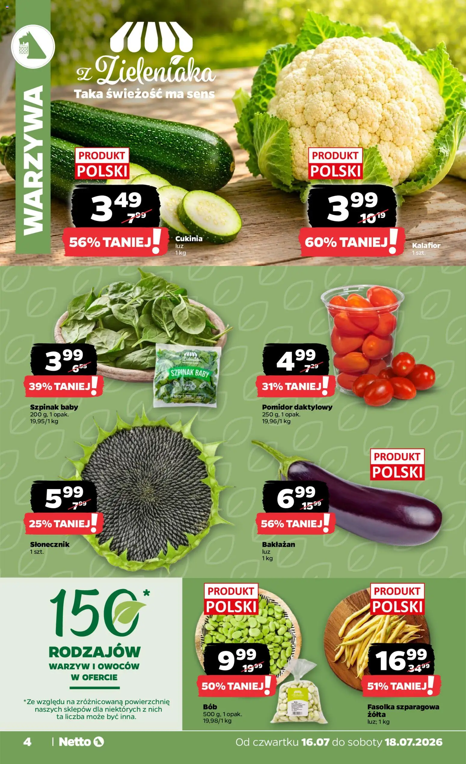 Netto gazetka od czwartku od 16.07.2026 | Strona: 4 | Produkty: Bakłażan, Szpinak, Fasolka szparagowa, Warzywa