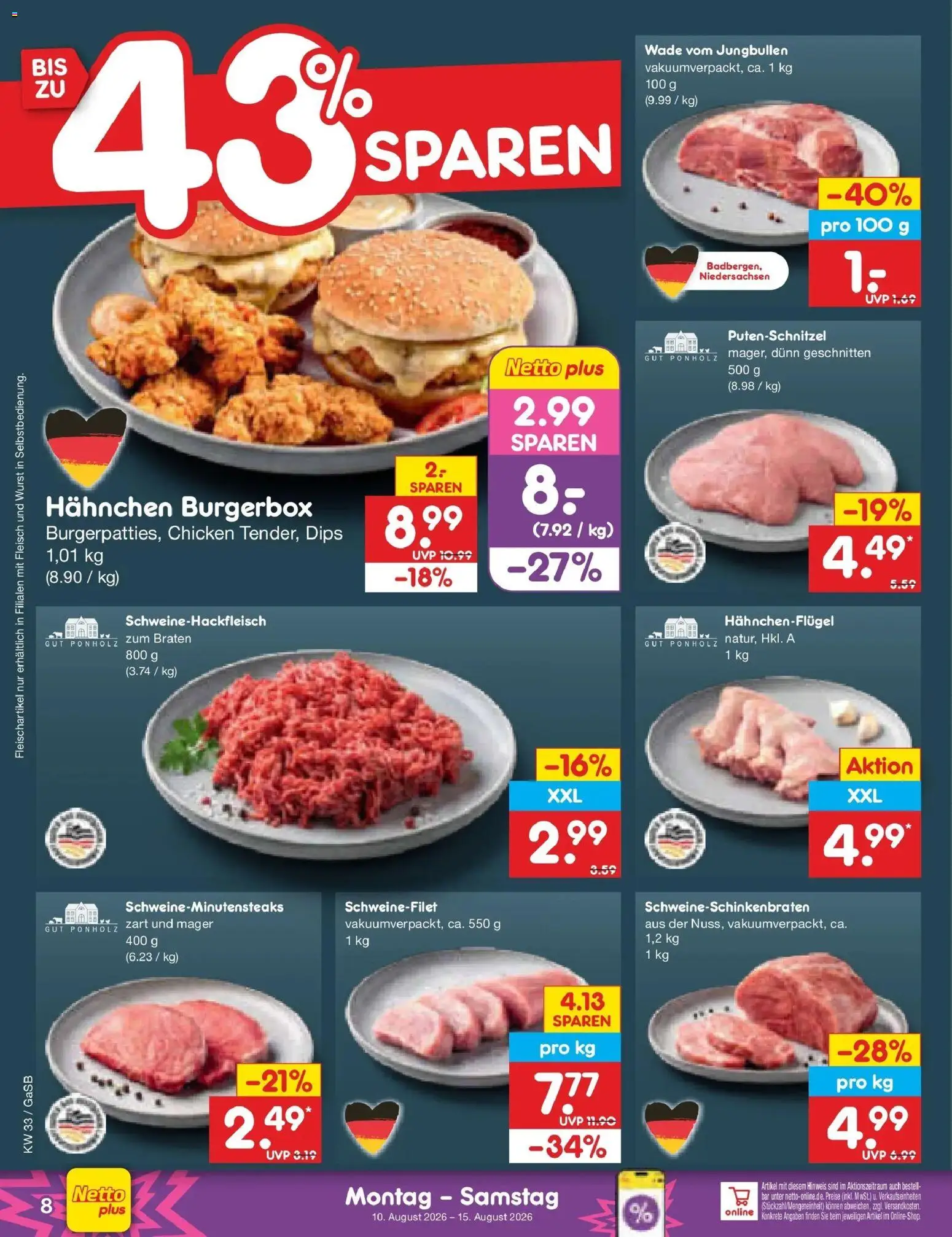 Netto Marken-Discount Prospekt – gültig ab 10.08.2026 | Seite: 8 | Produkte: Hahnchen, Putenschnitzel, Wurst, Fleisch