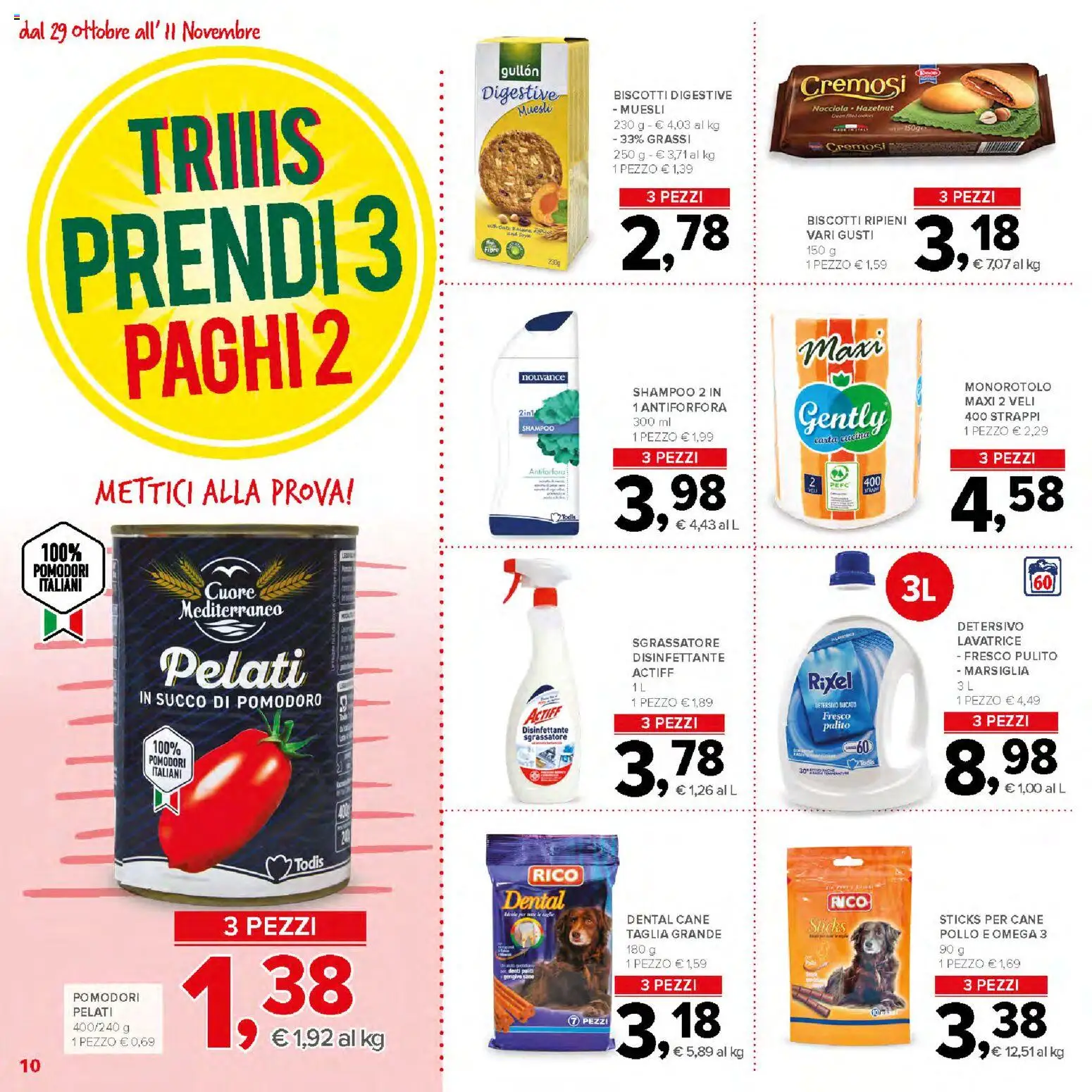 Volantino Todis del 29/10/2026 | Pagina: 10 | Prodotti: Sgrassatore, Pomodoro, Lavatrice, Omega