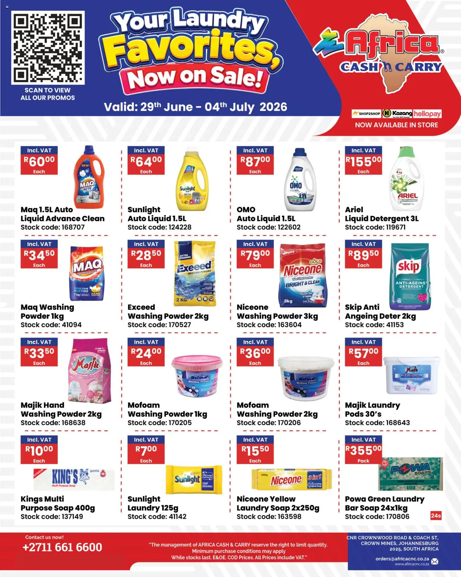 New Africa Cash & Carry catalogue – valid from 29/06/2026 | Page: 1 | Products: Powder, Stock, Washing powder, Detergent