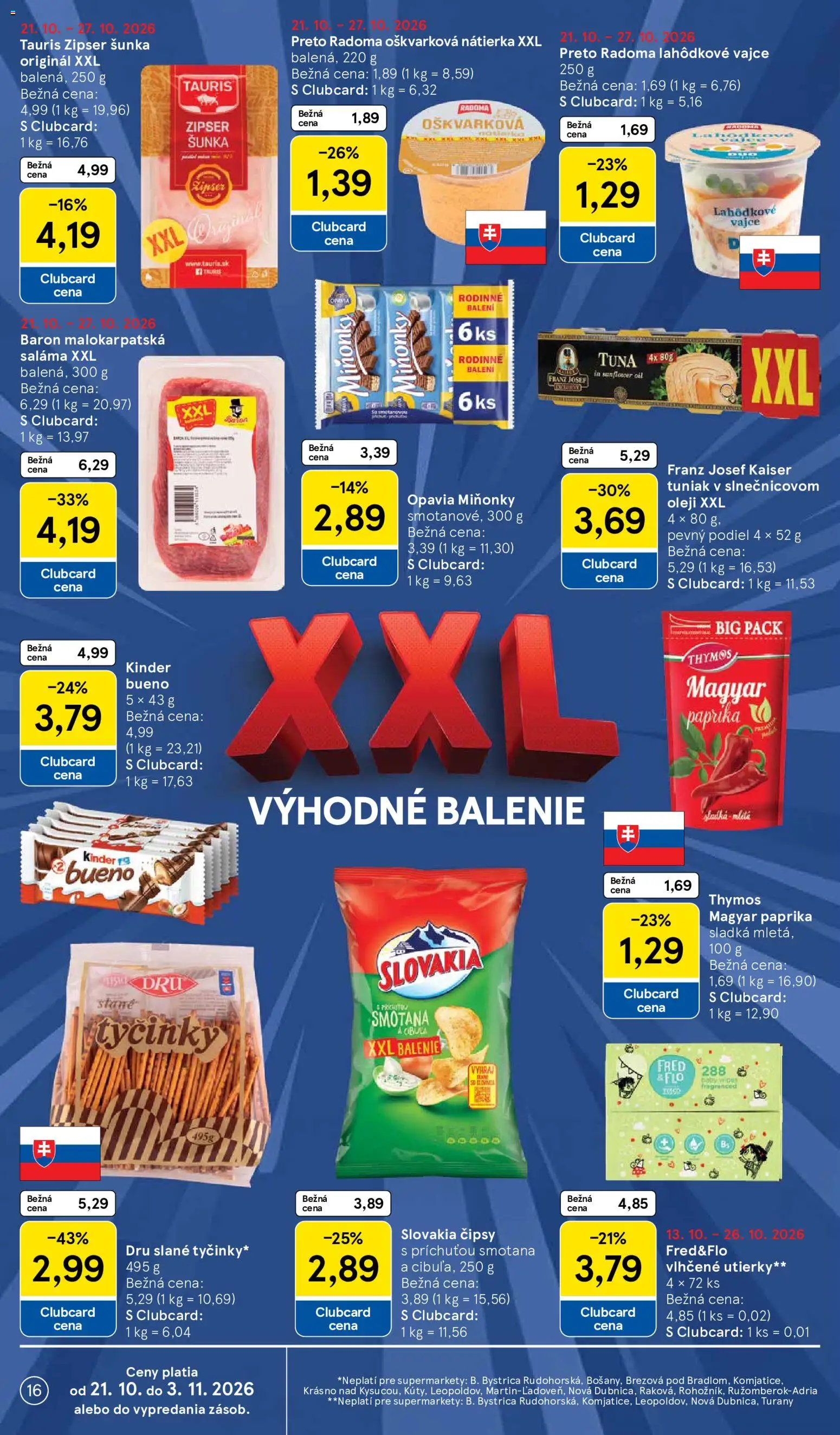 Nové Tesco akcie – leták je platný od 21.10.2026 | Strana: 16 | Produkty: Paprika, Saláma, Nátierka, Utierky