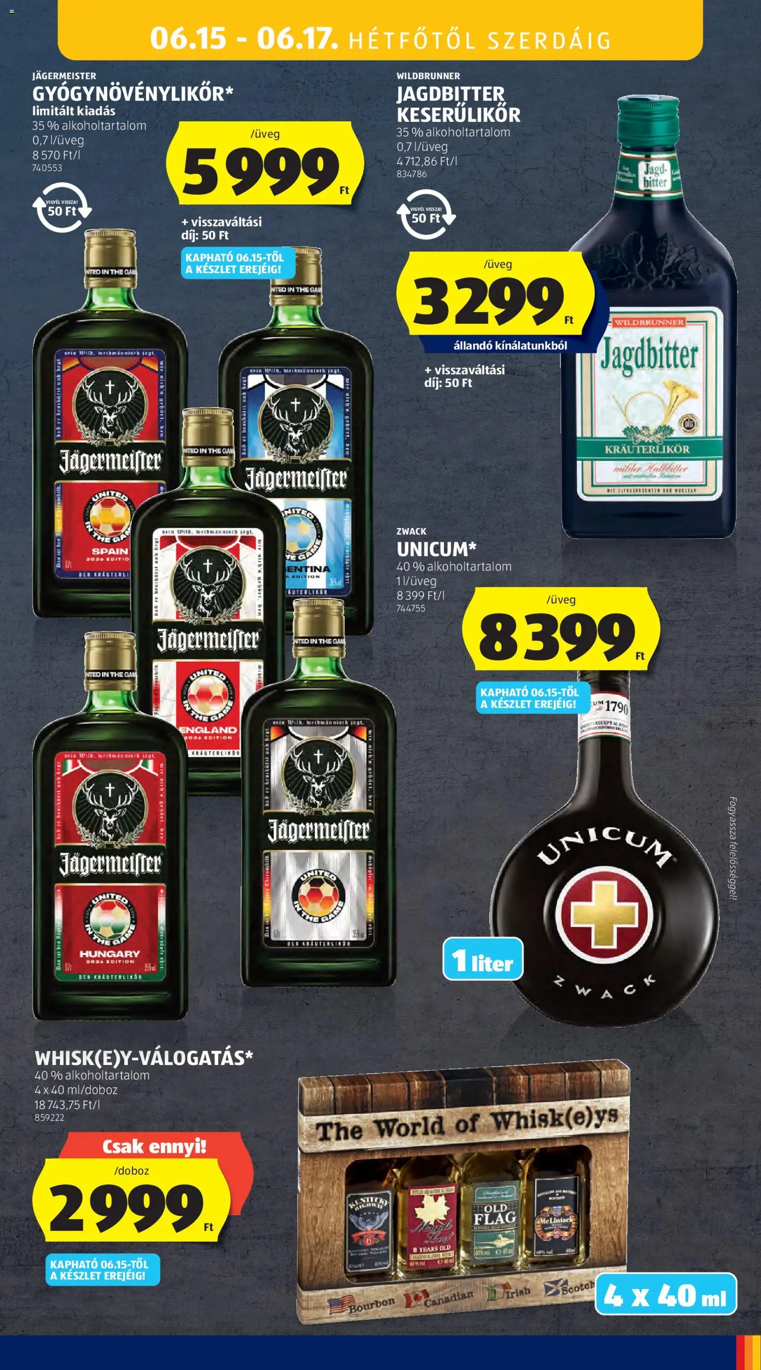 Aldi akciós ujság - amely érvényes a következő dátumtól: 11.06.2026 | Oldal: 45 | Termékek: Jägermeister, Whiskey, Bourbon