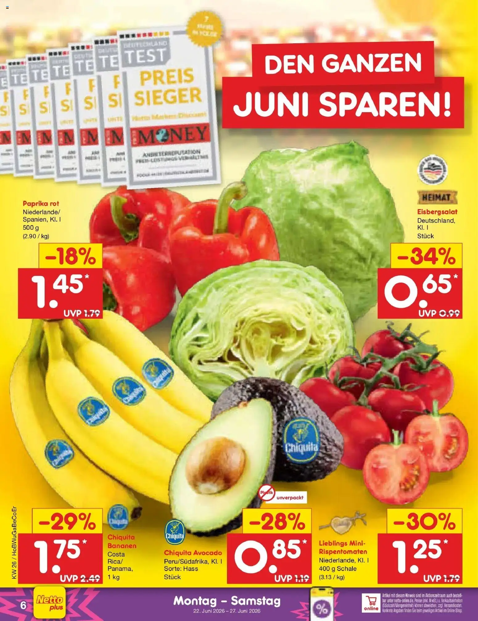 Netto Marken-Discount Prospekt Kremmen – gültig ab 21.06.2026 | Seite: 8 | Produkte: Paprika rot, Bananen, Avocado, Paprika