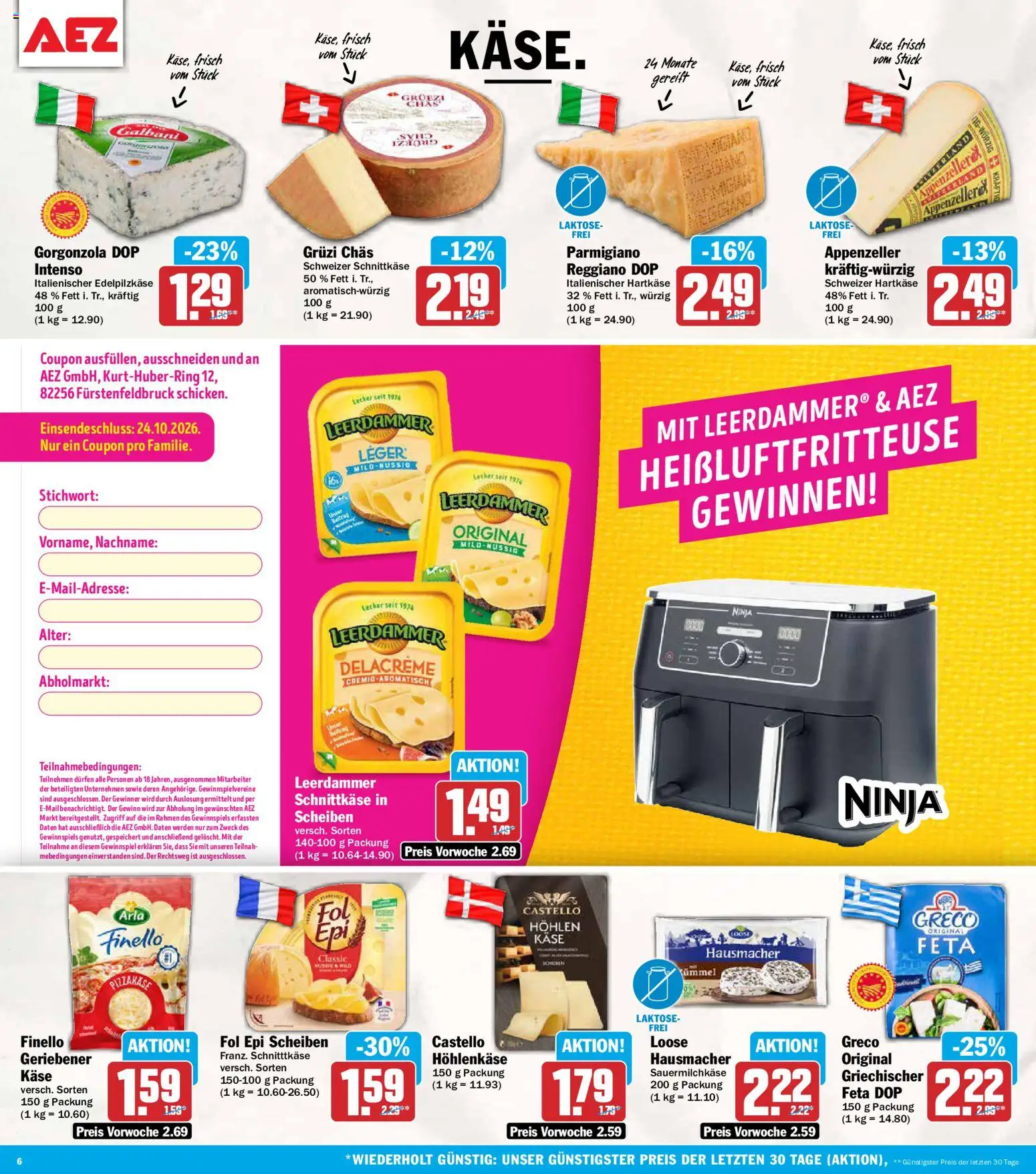 AEZ Prospekt – gültig ab 12.10.2026 | Seite: 6 | Produkte: Feta, Käse, Leerdammer, Heißluftfritteuse