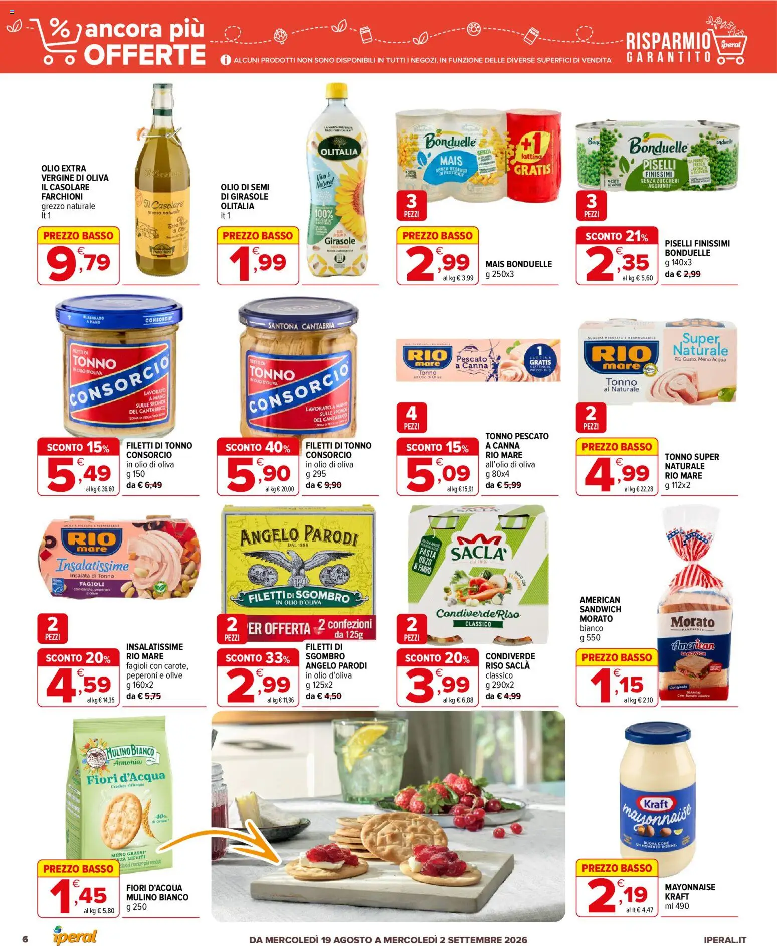 Volantino Iperal del 19/08/2026 | Pagina: 6 | Prodotti: Acqua, Piselli, Olio d'oliva, Insalata di tonno