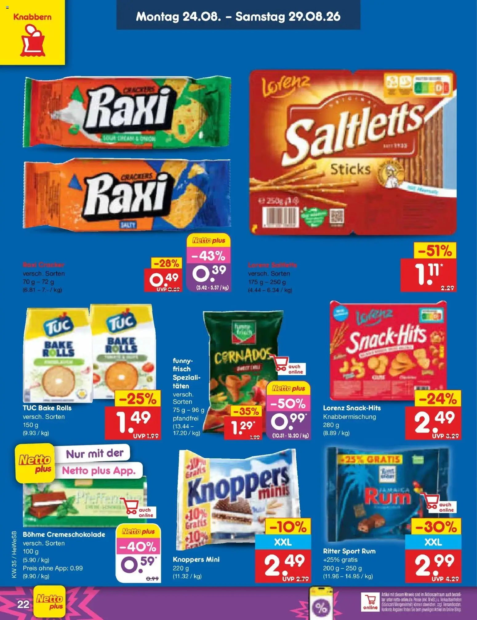 Netto Marken-Discount Prospekt Hamburg (ab 24.08.2026) » Angebote | Seite: 34 | Produkte: Rum, Ritter sport, Funny frisch, Knoppers