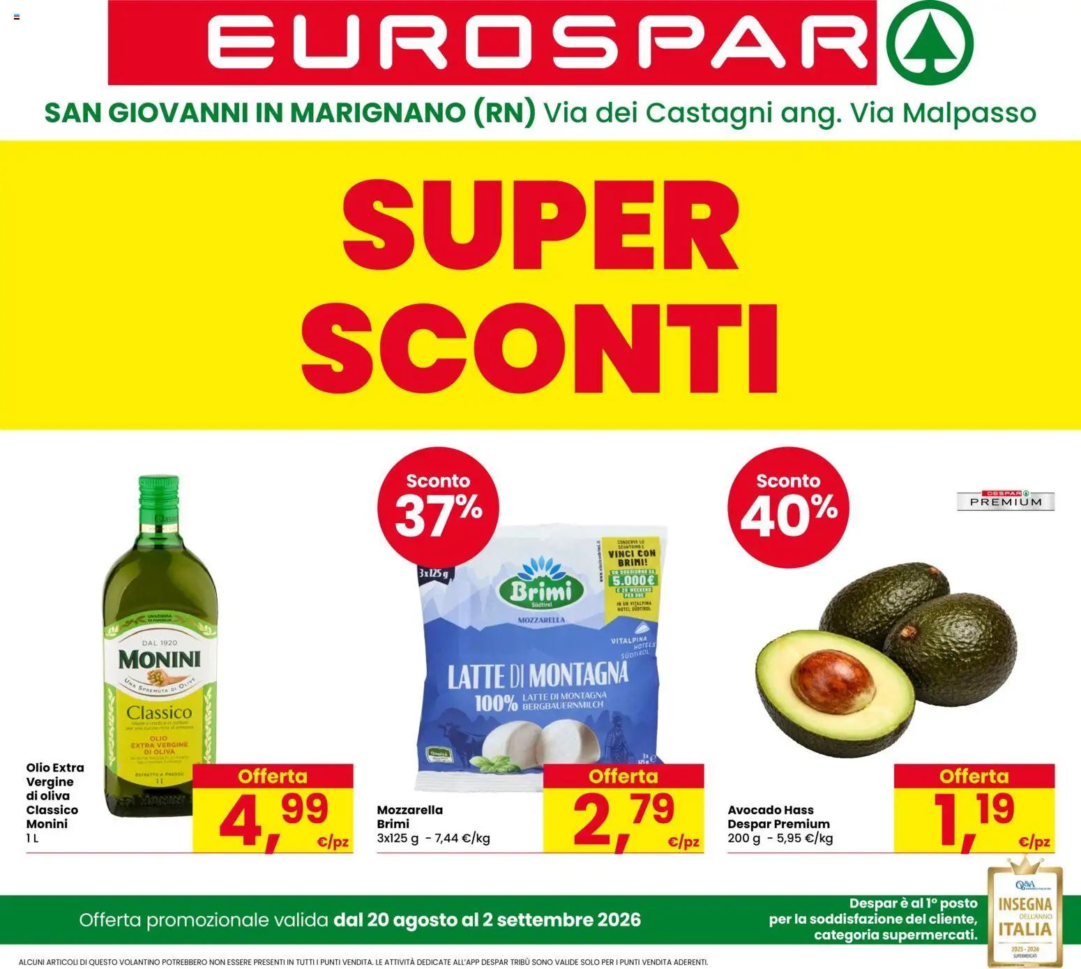 Volantino Eurospar del 20/08/2026 | Pagina: 1 | Prodotti: Avocado, Mozzarella, Olio, Olio extra vergine