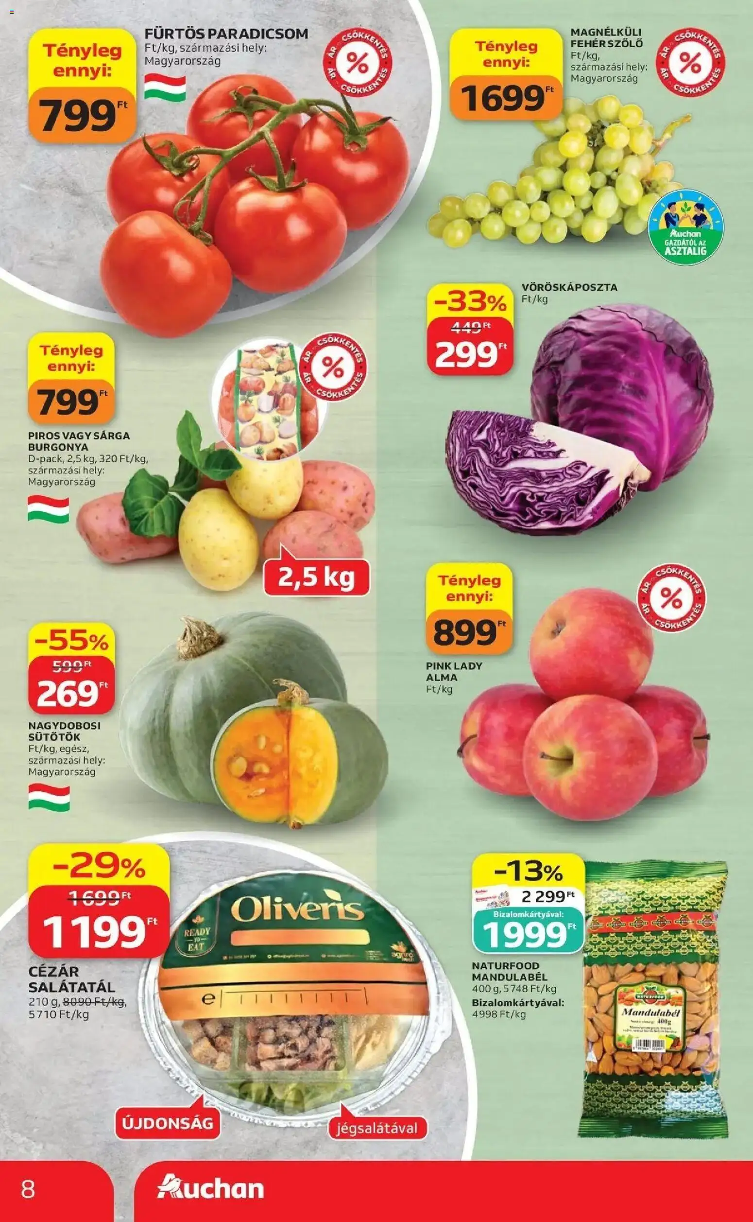 Auchan akciós újság Szolnok - 2026.10.01. -tól/töl > akció, lapozható szórólap 🛍️ | Oldal: 8 | Termékek: Szőlő, Fehér szőlő, Alma, Paradicsom