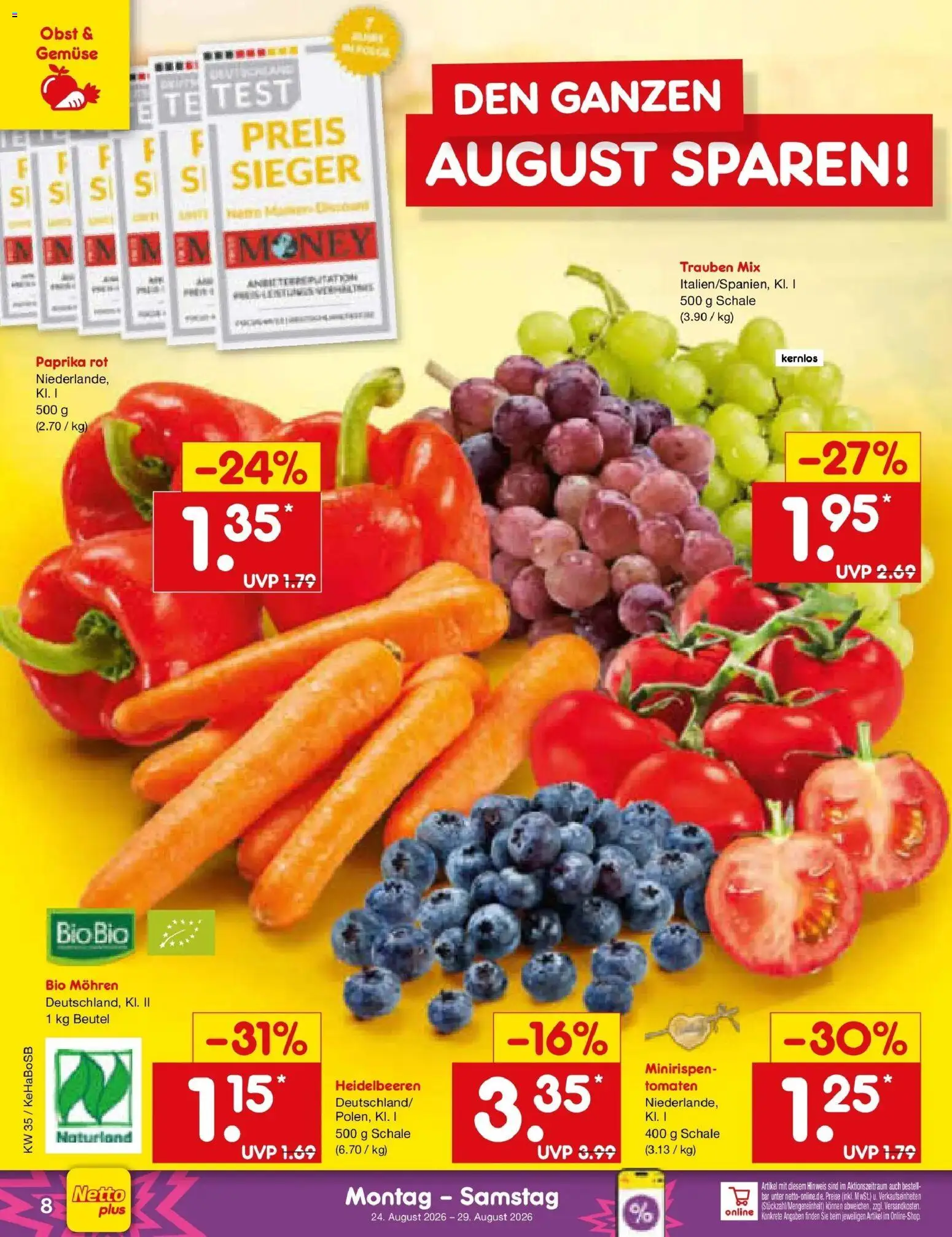 Netto Marken-Discount Prospekt Koblenz (ab 24.08.2026) » Angebote | Seite: 10 | Produkte: Trauben, Paprika rot, Mohren, Obst