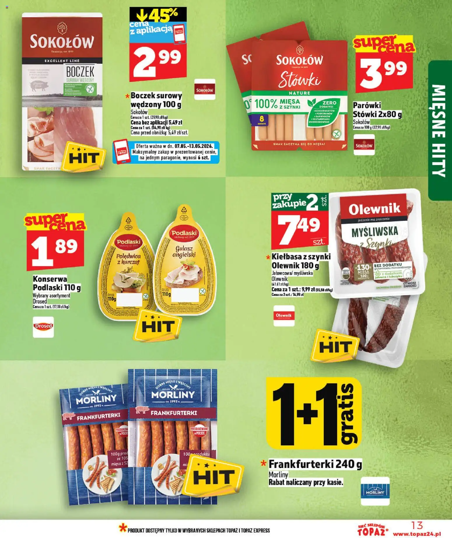 Topaz gazetka - MAZ od 07.05.2026 | Strona: 13 | Produkty: Kiełbasa, Myśliwska, Boczek surowy, Gulasz