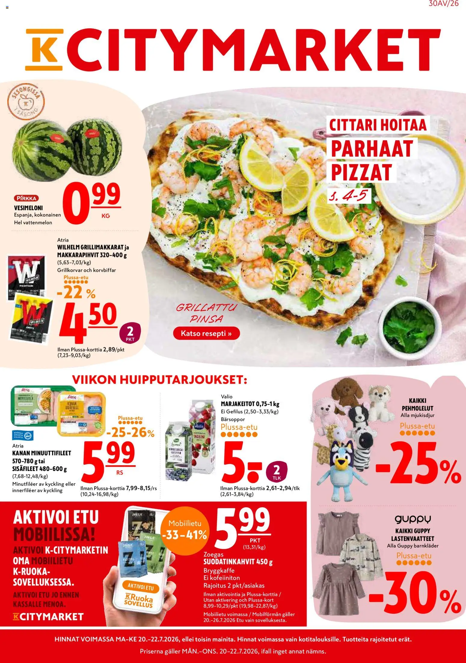 K-Citymarket tarjoukset – voimassa 20/07/2026 alkaen | Sivu: 1 | Tuotteet: Kokonainen, Vesimeloni, Pehmolelut
