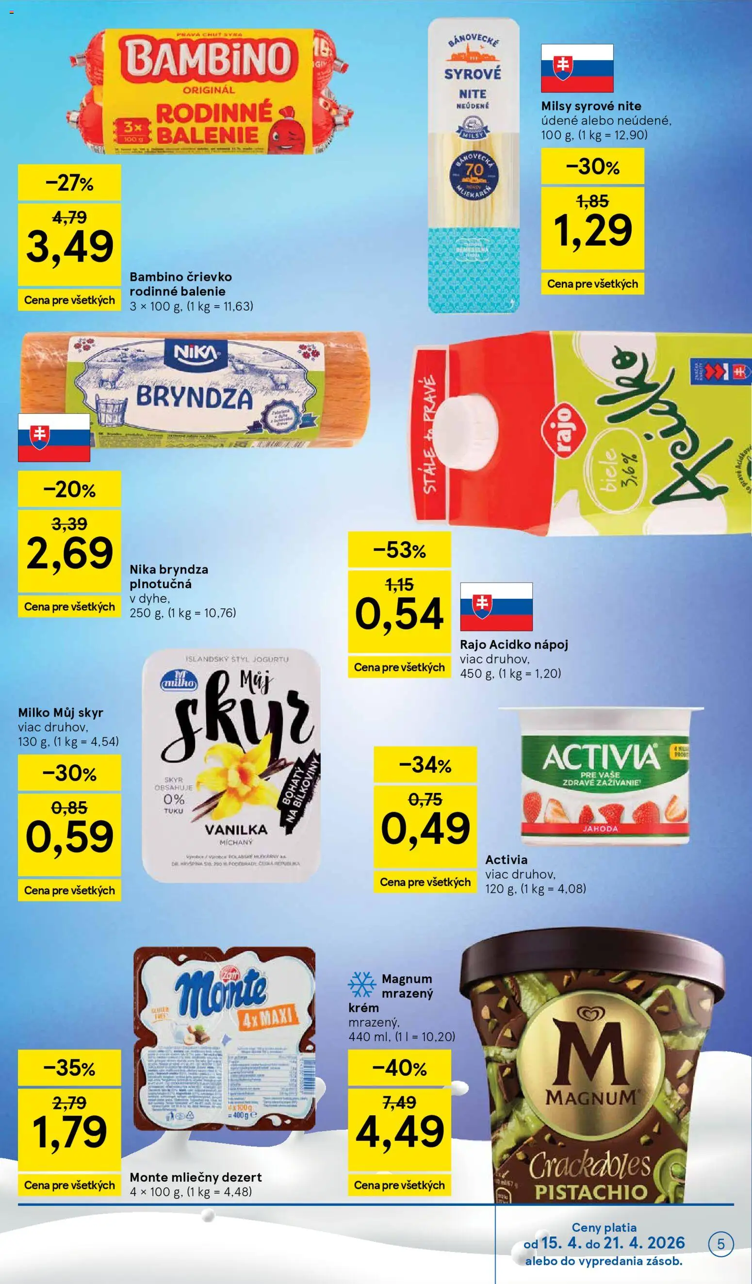 Nové Tesco akcie – leták je platný od 15.04.2026 | Strana: 5 | Produkty: Republica, Bryndza, Magnum, Krém