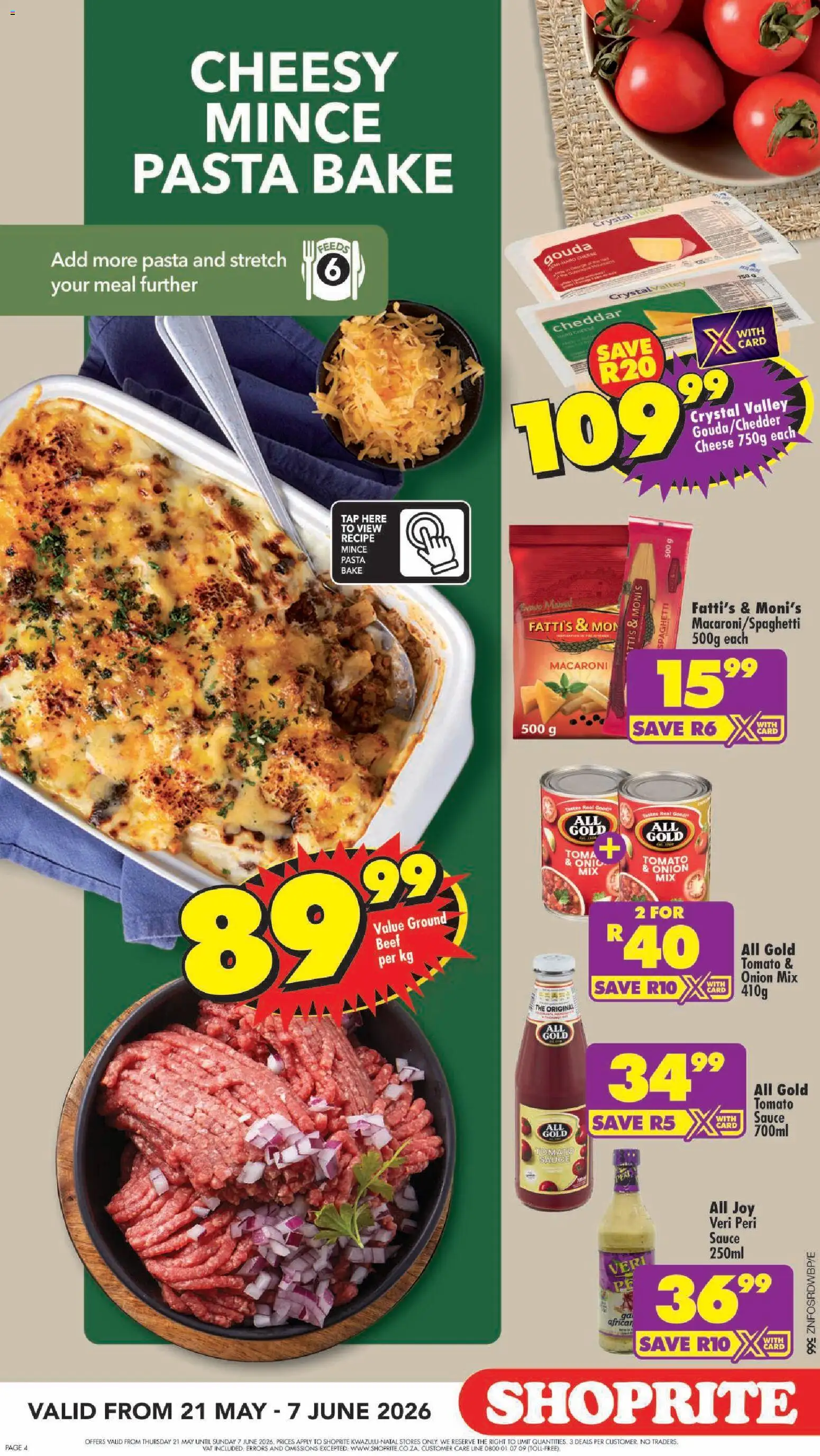 New Shoprite catalogue – valid from 21.05.2026 | Page: 4 | Products: Beef, Tap, Pasta, Tomato sauce