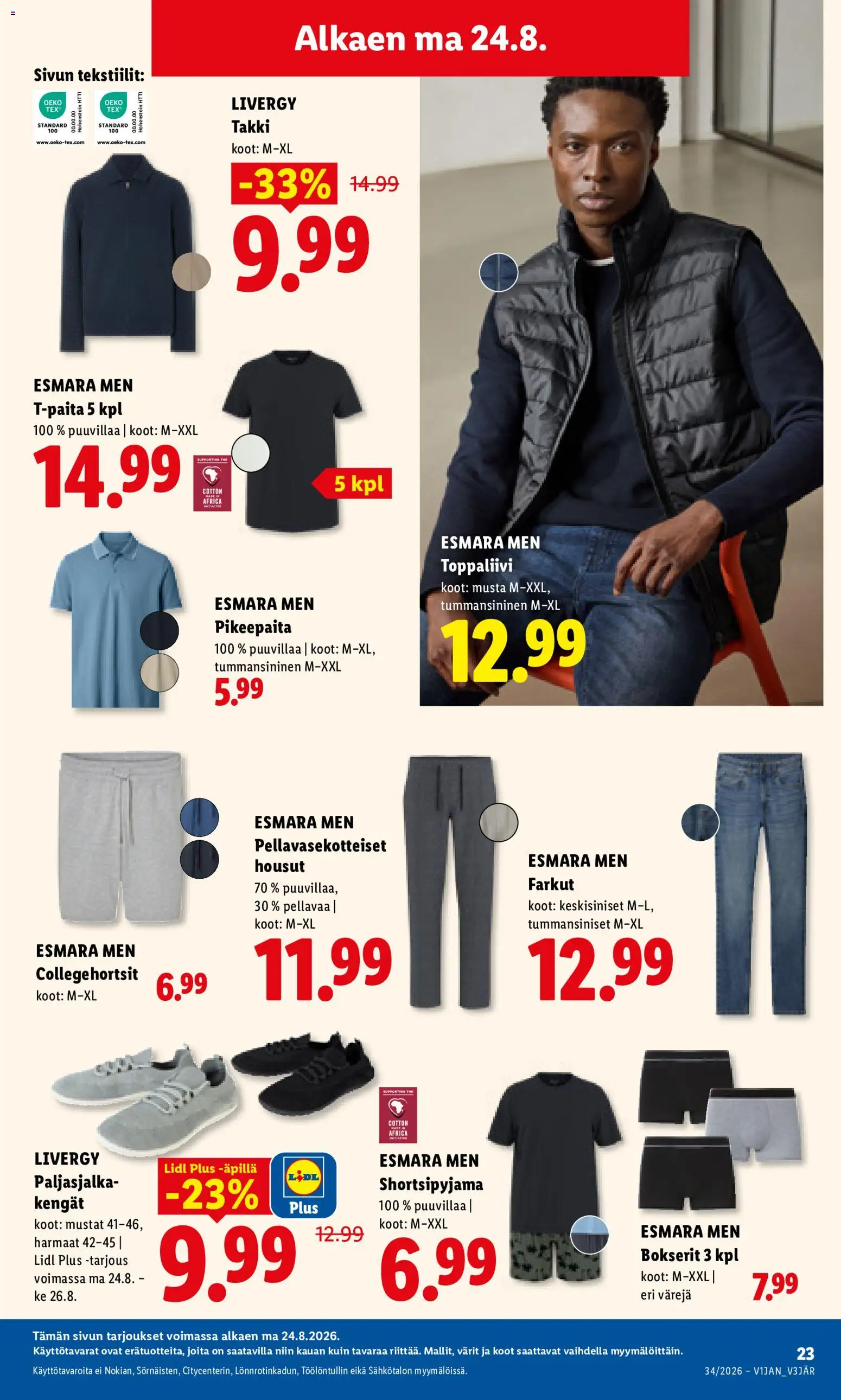 Lidl tarjoukset - Tampere – voimassa 24/08/2026 alkaen | Sivu: 17 | Tuotteet: Paljasjalkakengät, T-paita, Takki, Farkut