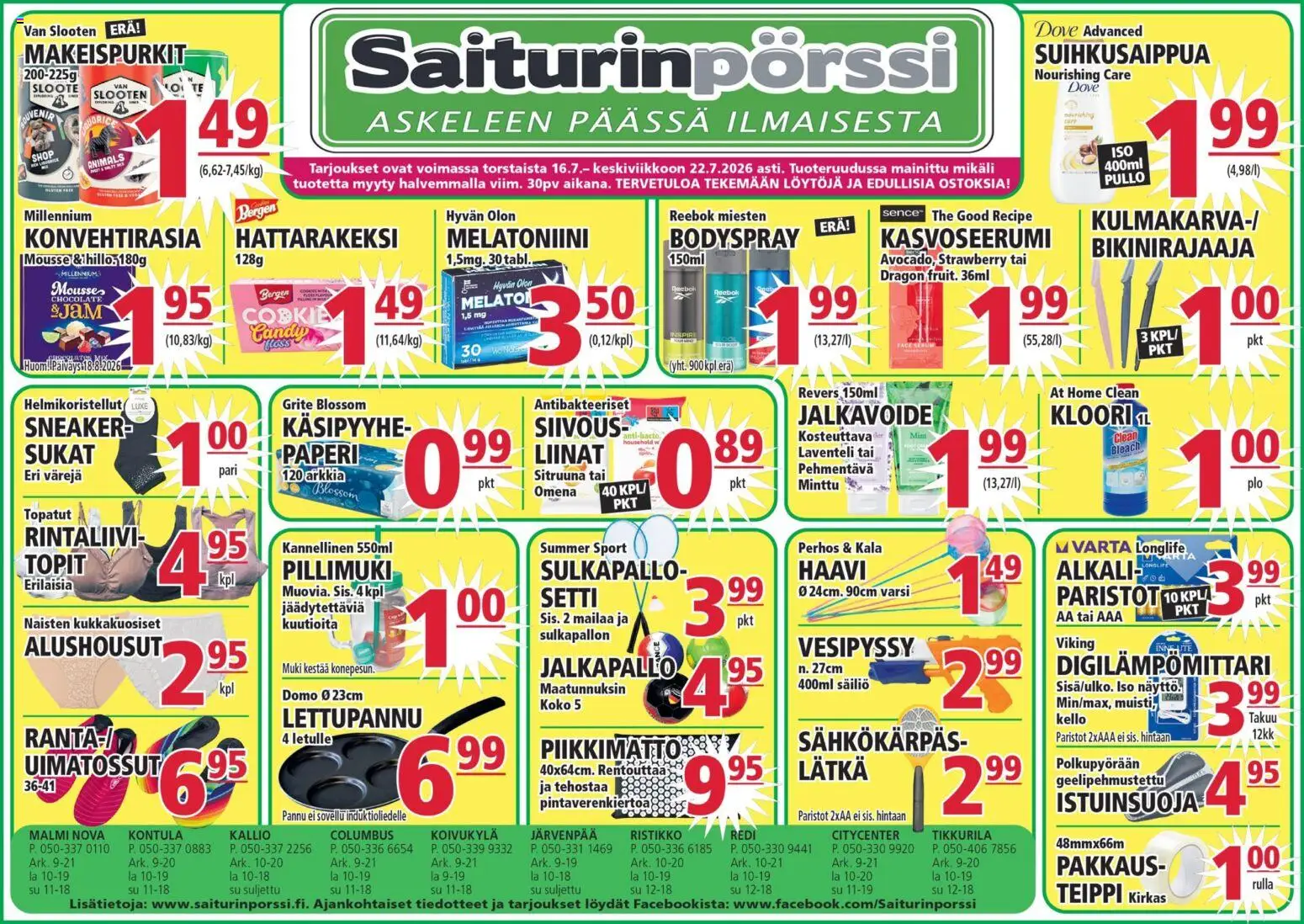 Saiturinpörssi tarjoukset – voimassa 16/07/2026 alkaen | Sivu: 1 | Tuotteet: Jalkapallo, Jalkavoide, Paperi, Kello