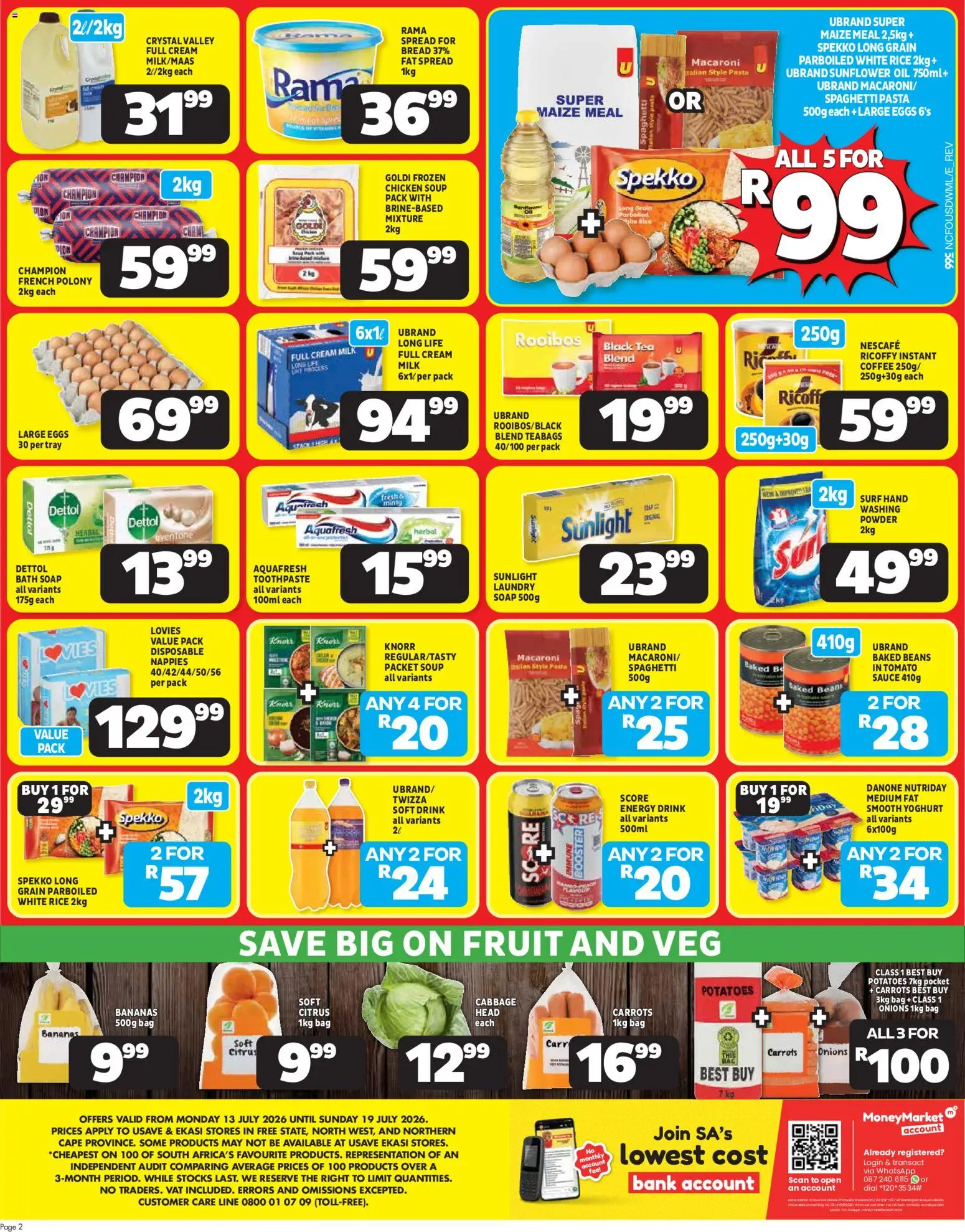 New Usave catalogue – valid from 13/07/2026 | Page: 2 | Products: Beans, Bread, Pasta, Potatoes