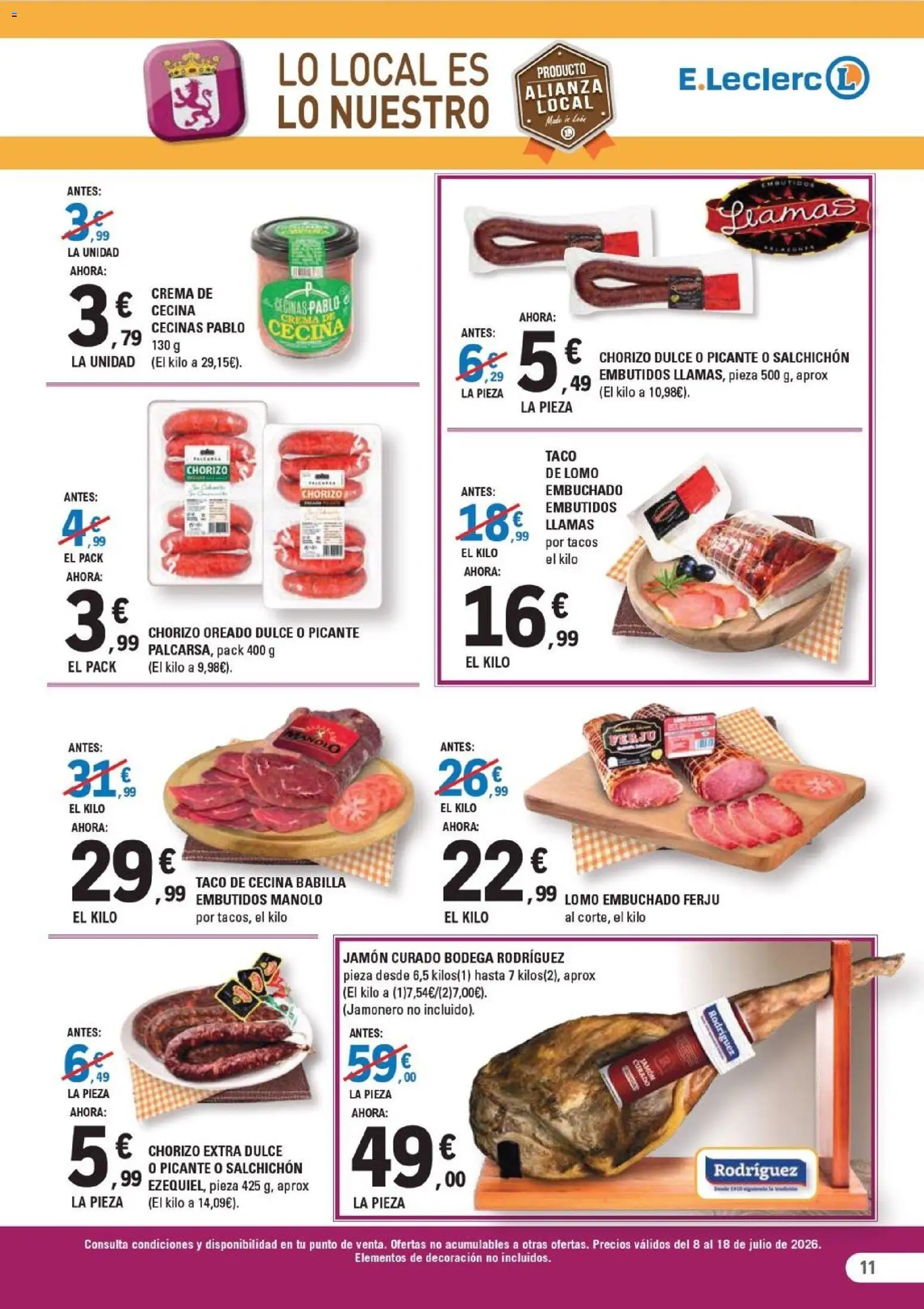 E.Leclerc folleto León │ válido desde el 08/07/2026 | Página: 11 | Productos: Jamón, Tacos, Crema, Νυχτικό