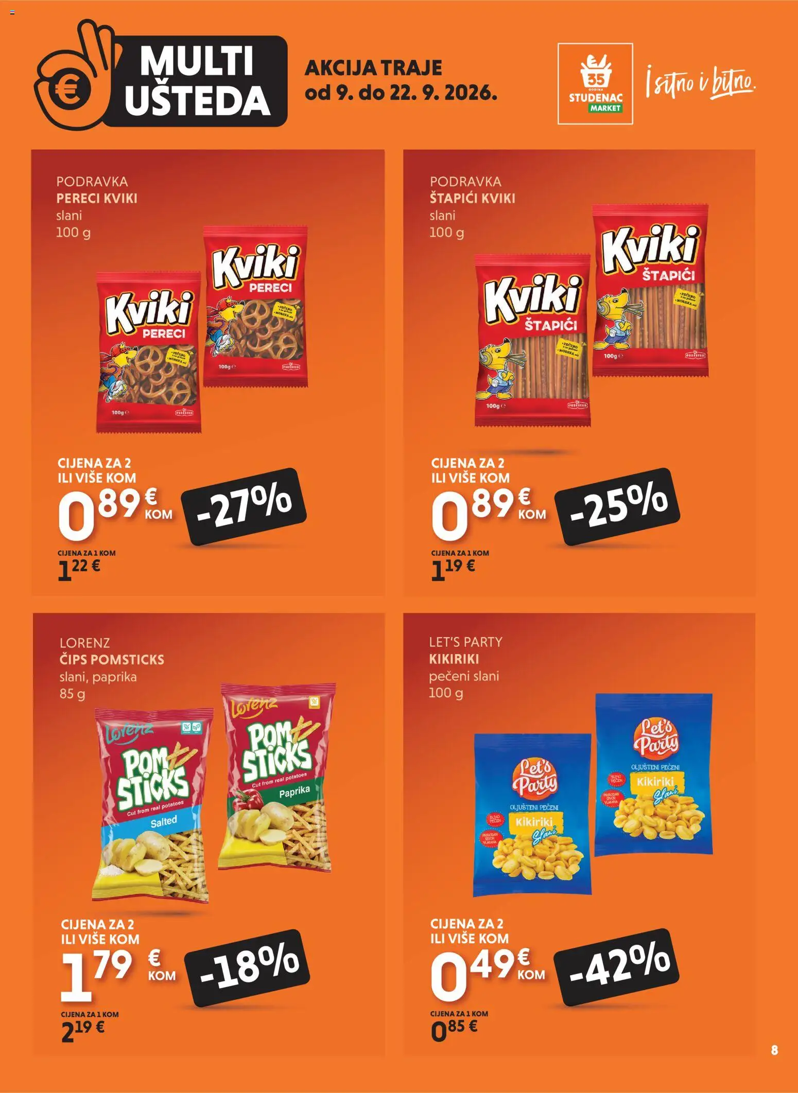 Studenac katalog | vrijedi od 09.09.2026 | Stranica: 8 | Proizvodi: Pečeno, Podravka, Kikiriki, Štapići