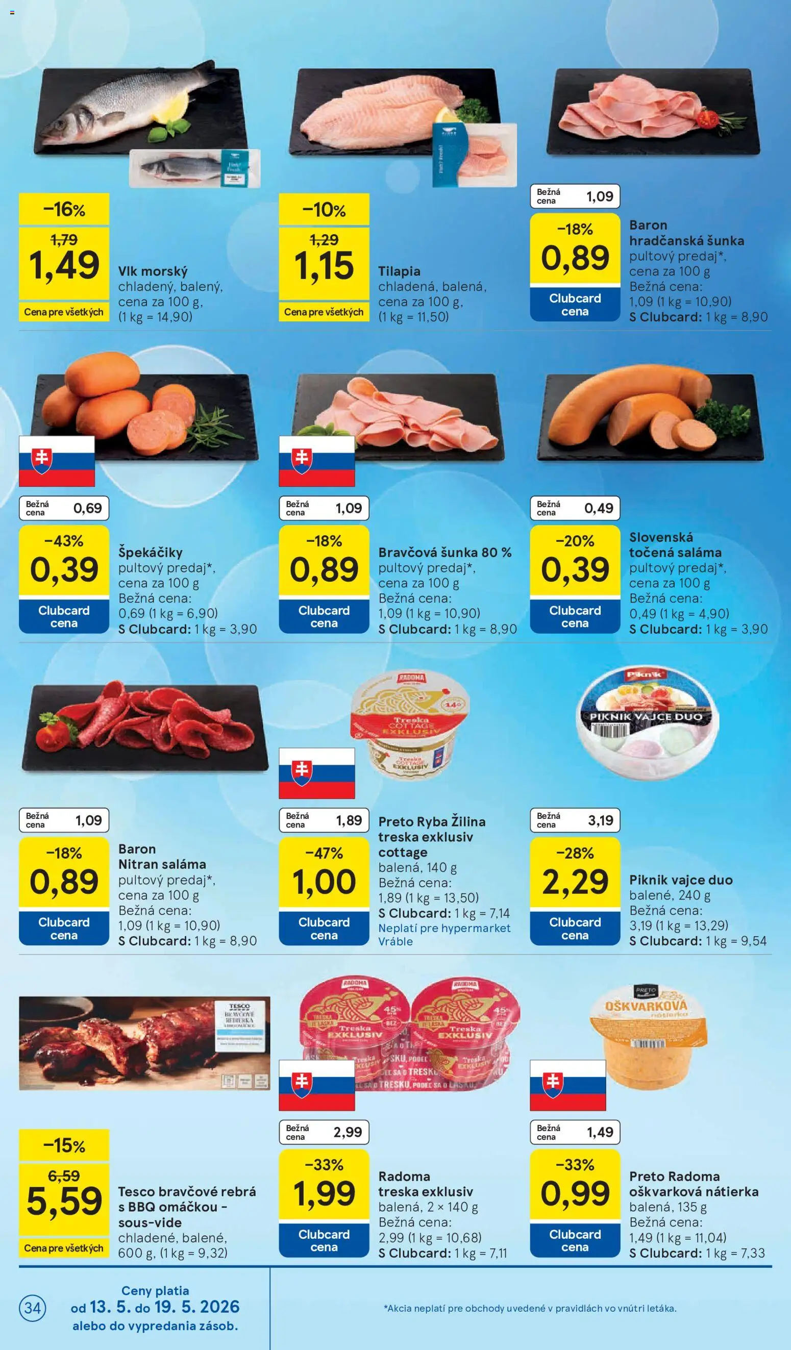 Nové Tesco akcie – leták je platný od 13.05.2026 | Strana: 34 | Produkty: Saláma, Šunka, Ryba, Treska