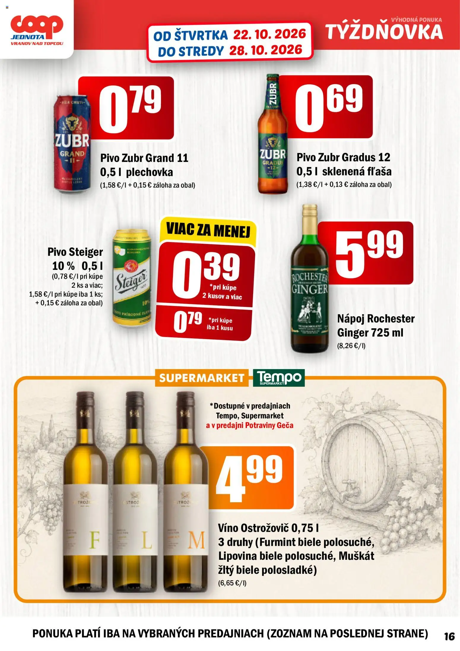 Nové COOP Jednota akcie – leták je platný od 22.10.2026 | Strana: 16 | Produkty: Pivo, Víno, Steiger