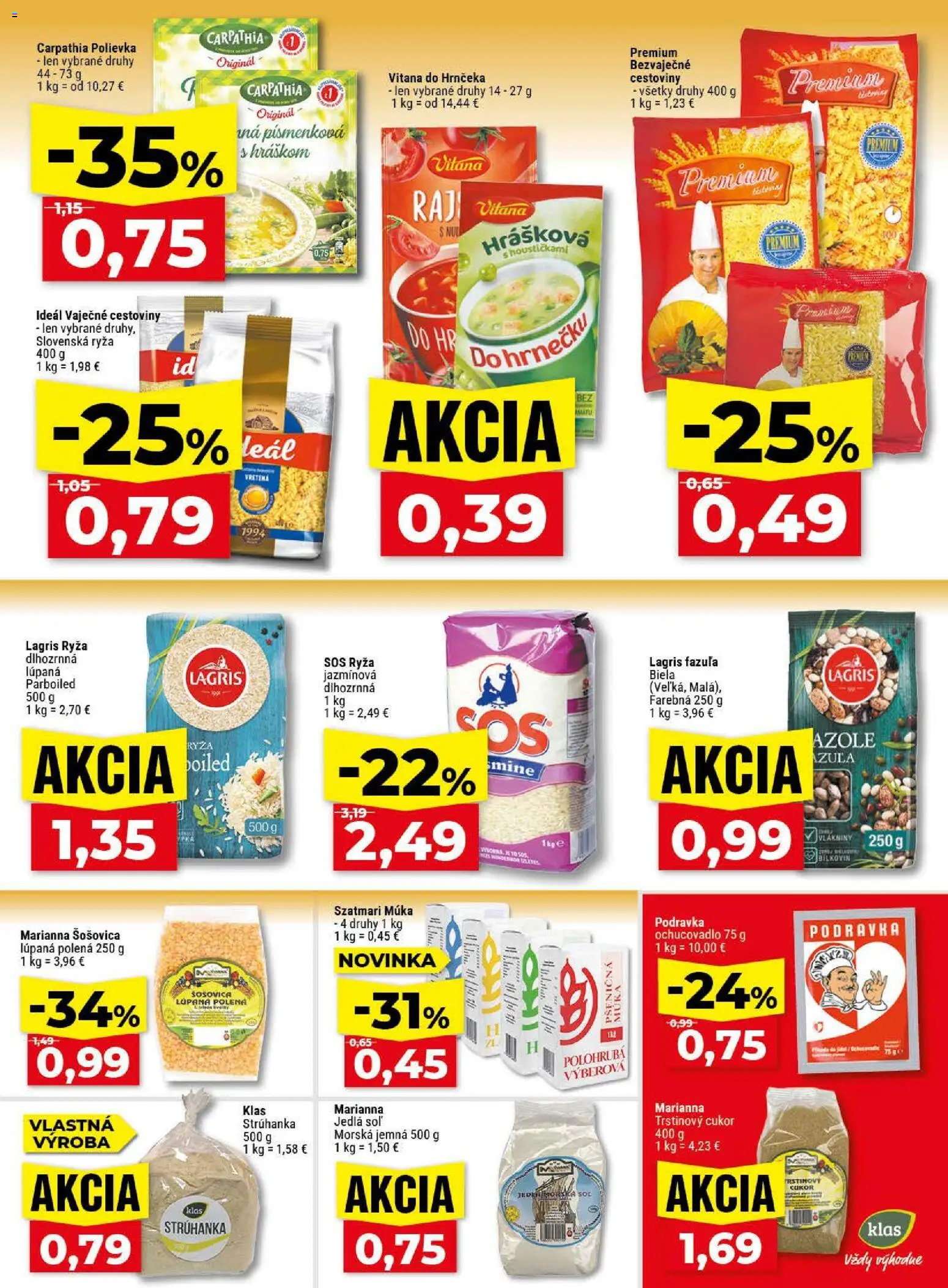 Nové Klas akcie – leták je platný od 13.04.2026 | Strana: 14 | Produkty: Ryža, Šošovica, Cukor, Múka