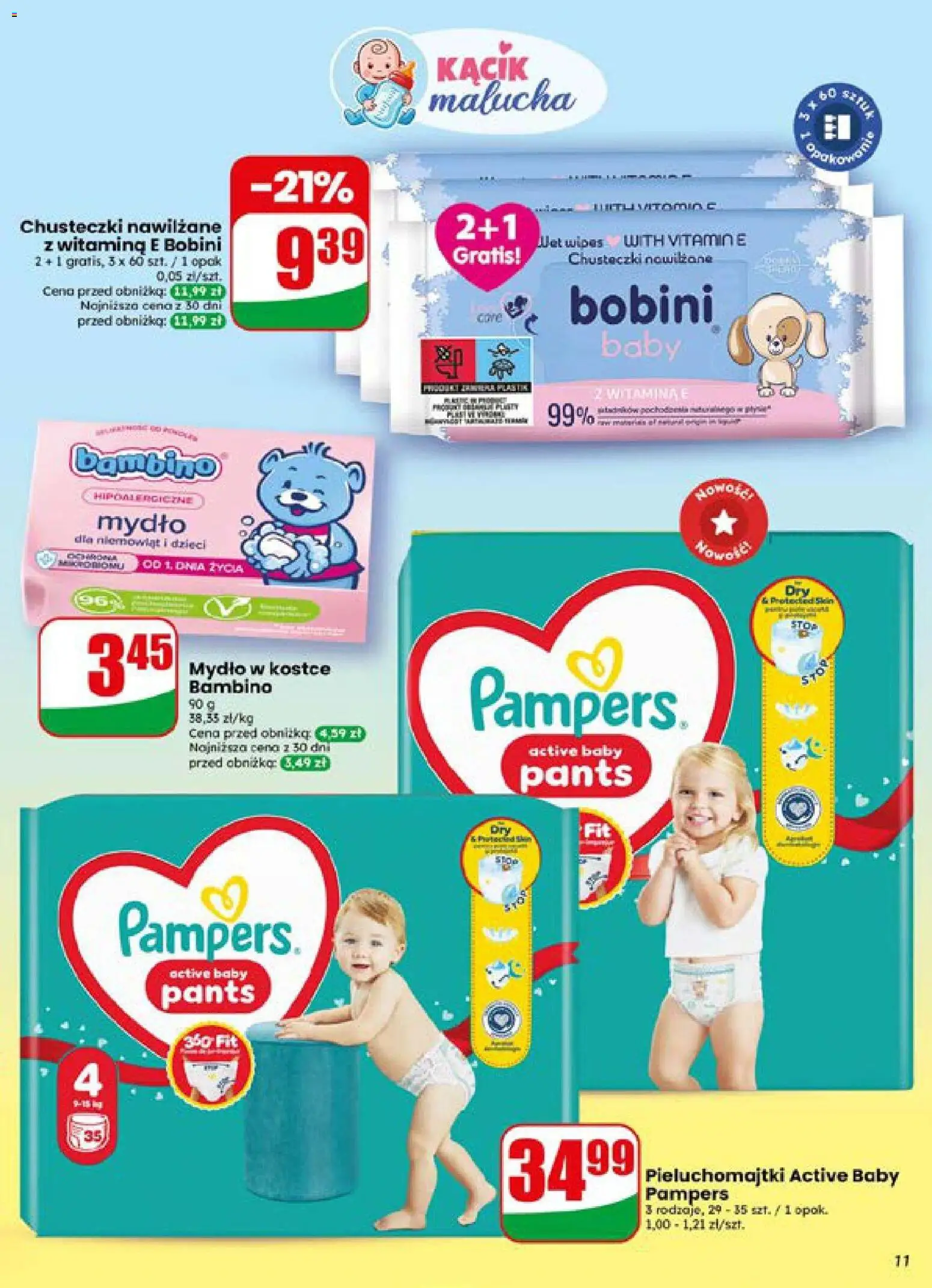 Dino gazetka od 15.07.2026 | Strona: 11 | Produkty: Chusteczki nawilżane, Pampers, Pieluchomajtki, Mydło