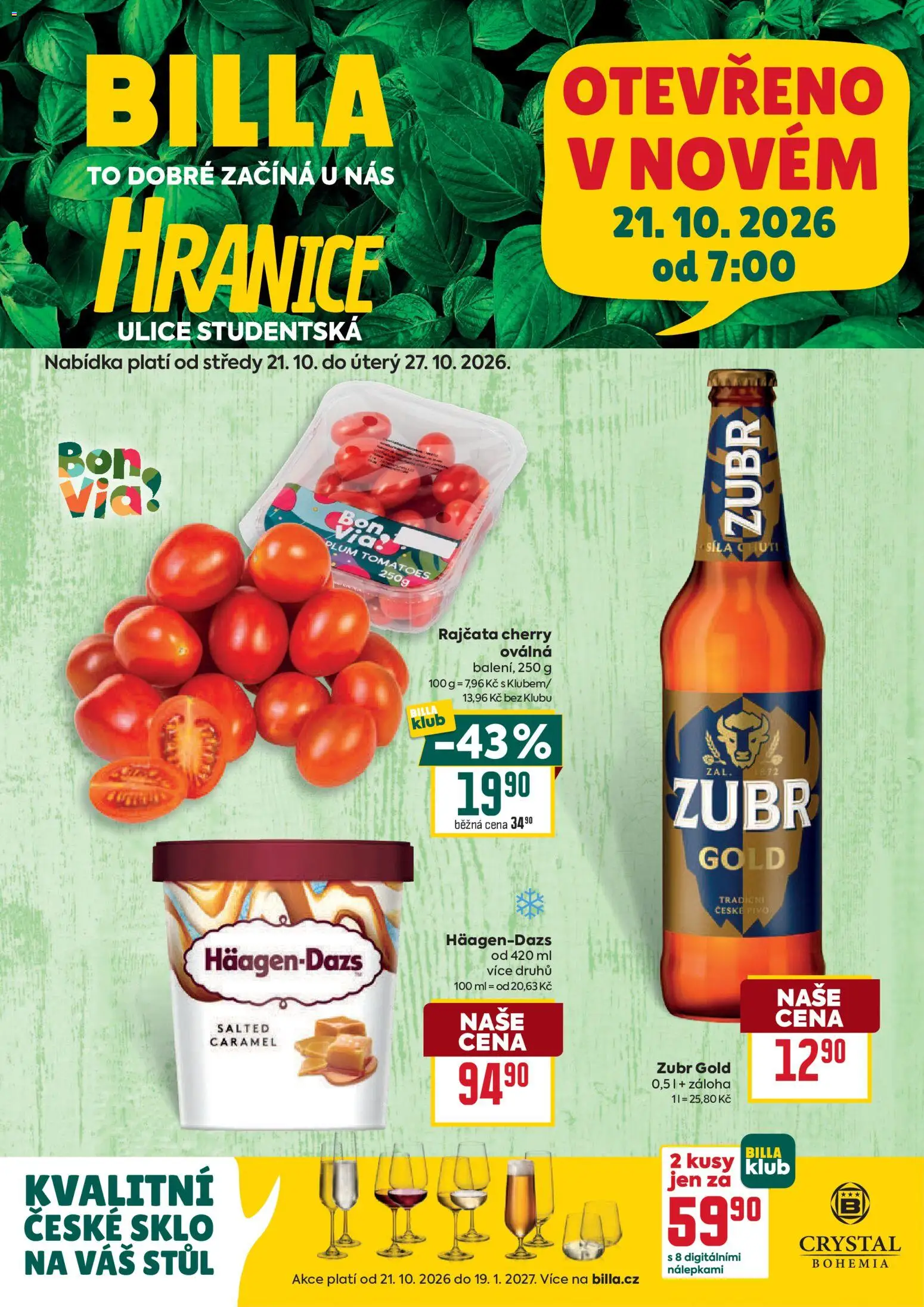 Billa leták - Hranice od 21.10.2026 | Strana: 1 | Produkty: Zubr, Pivo, Rajčata, Stůl