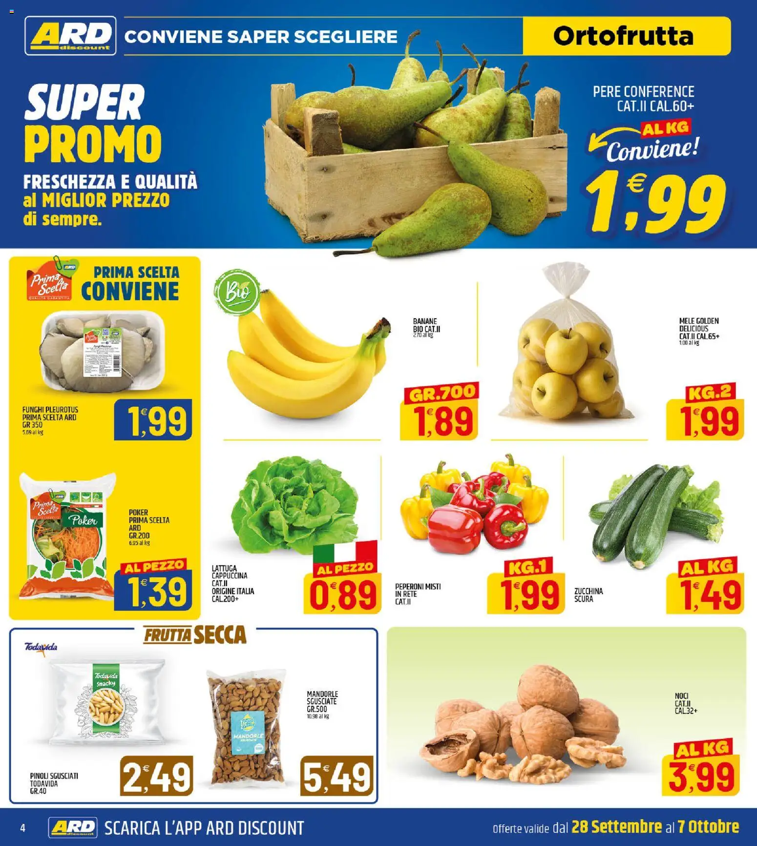 Volantino ARD Discount del 28/09/2026 | Pagina: 4 | Prodotti: Banane, Pere, Noci, Funghi