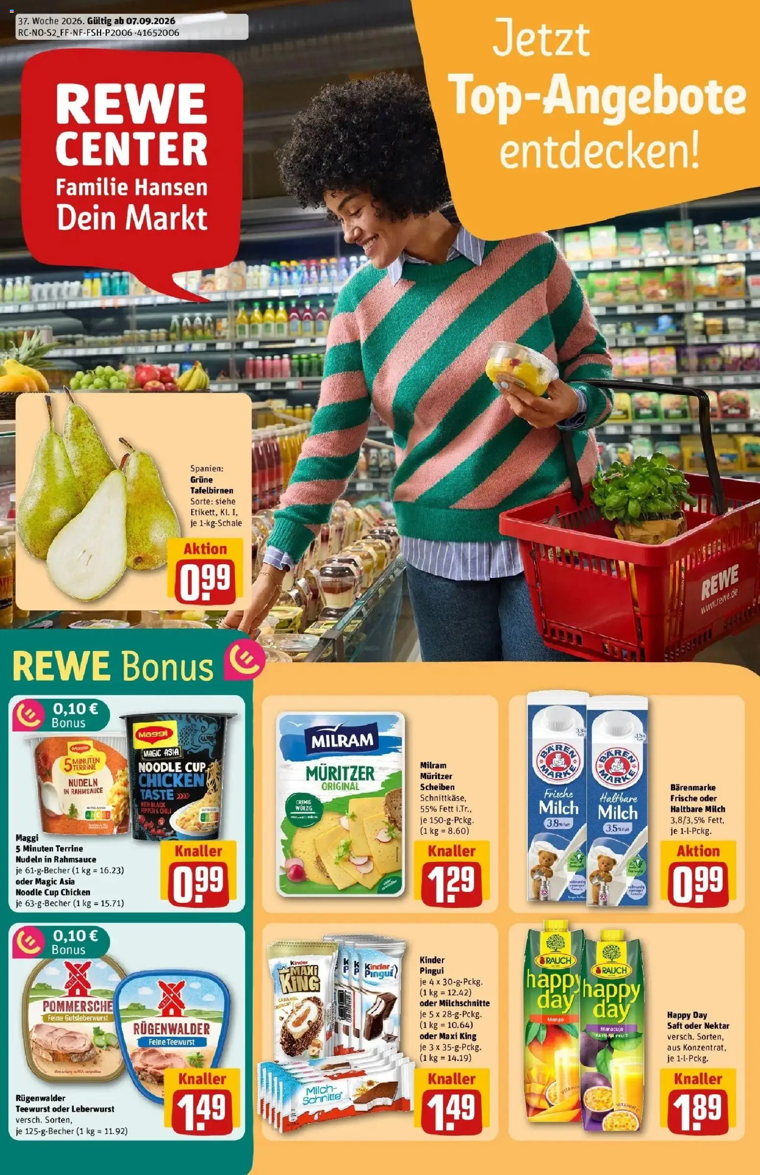 REWE Prospekt ab 07.09.2026 zum Blättern » Angebote | Seite: 1 | Produkte: Maggi, Haltbare milch, Milram, Saft
