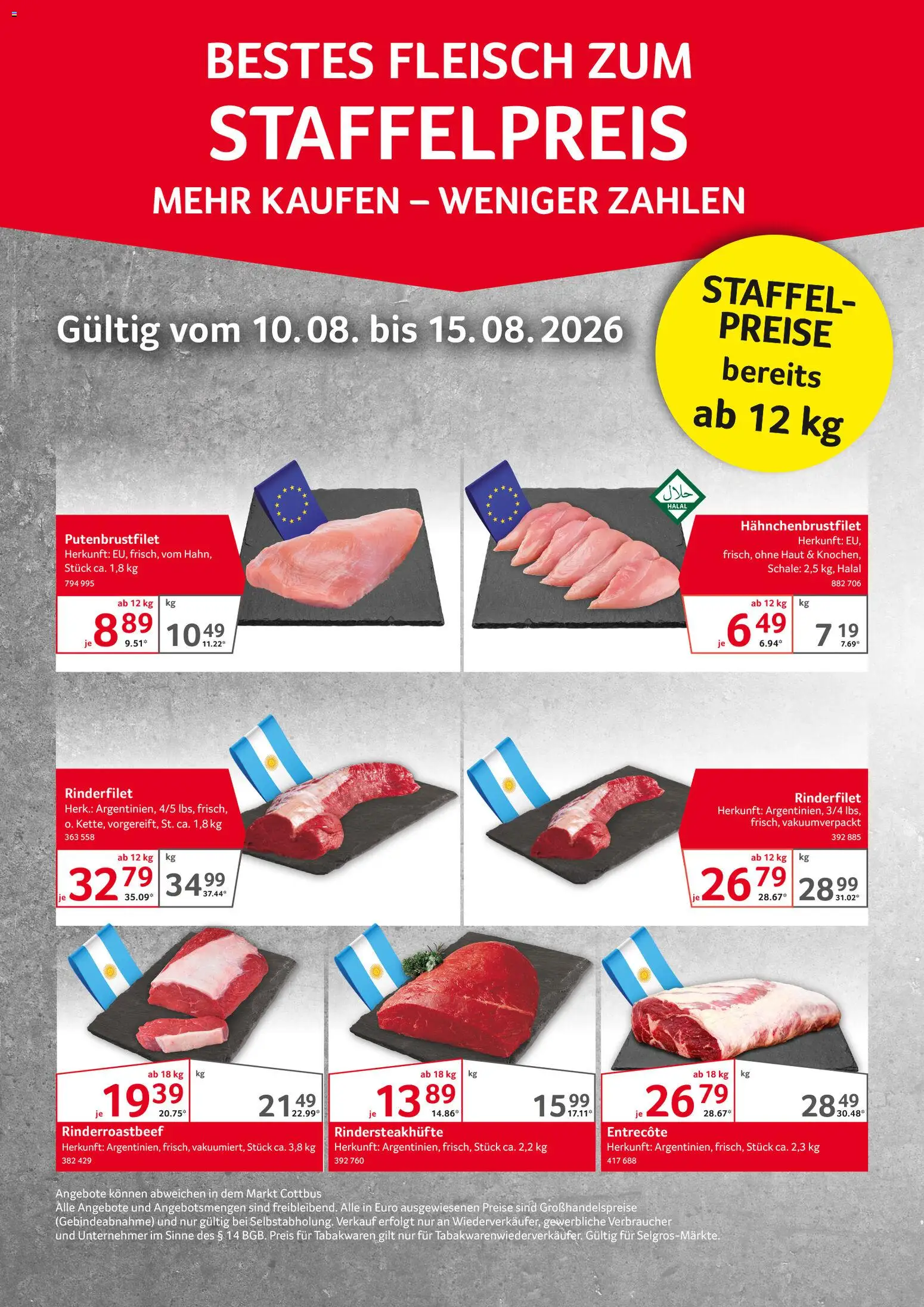 Selgros Fleisch zum Staffelpreis – gültig ab 10.08.2026 | Seite: 1 | Produkte: Rinderfilet, Entrecote, Fleisch