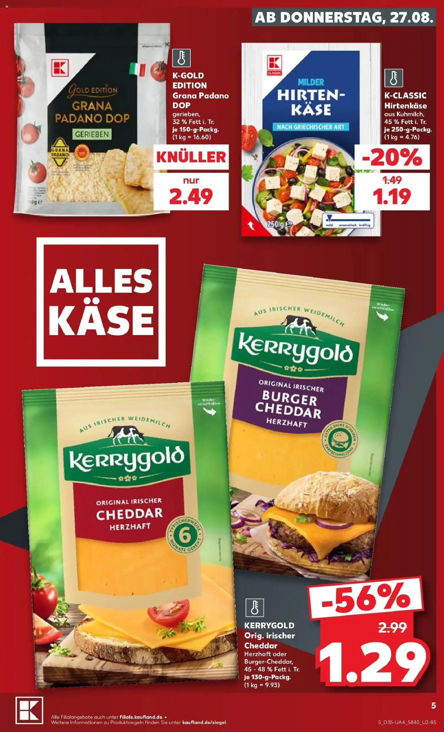 Prospekt Kaufland ab 27.08.2026 » Angebote Online zum Blättern | Seite: 5 | Produkte: Grana Padano, Käse, Burger