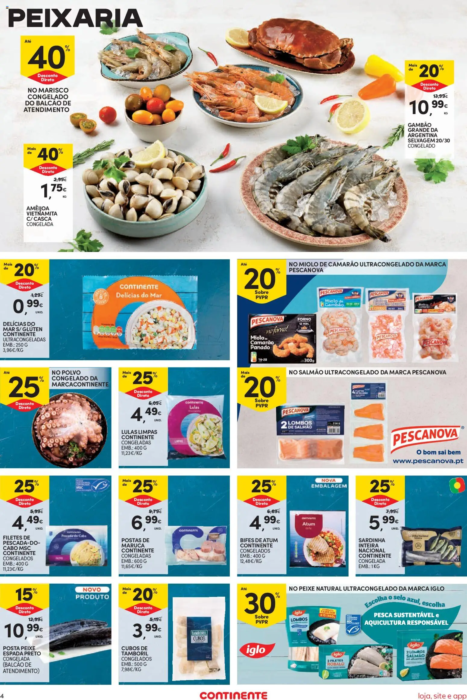 Continente Semanal Continente Bom Dia │ válido de 04/08/2026 | Página: 4 | Produtos: Pescada, Lulas, Camarão, Pescada do cabo