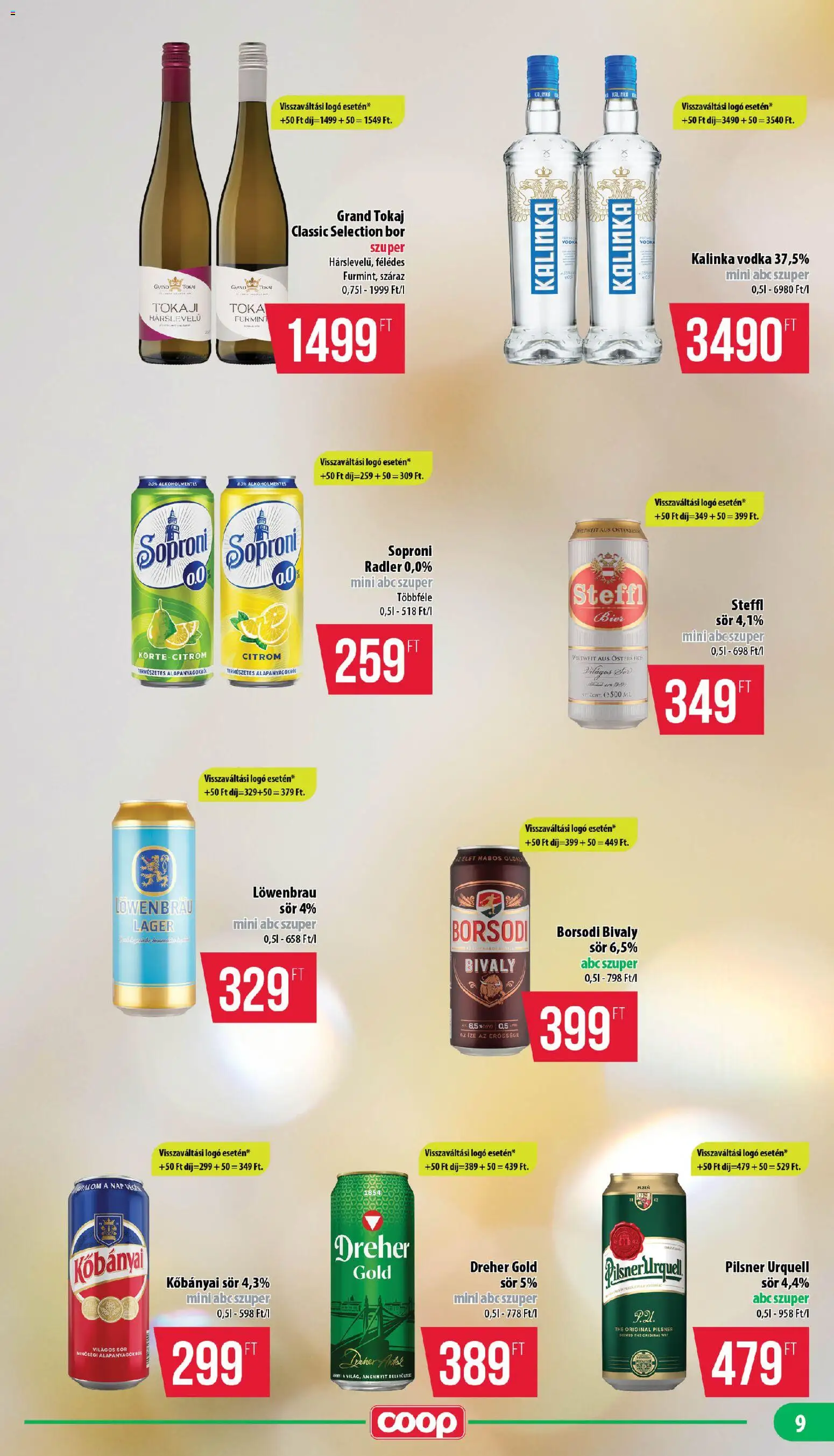COOP akciós ujság - amely érvényes a következő dátumtól: 2026.09.24. | Oldal: 9 | Termékek: Kőbányai sör, Pilsner urquell, Világos sör, Löwenbräu sör
