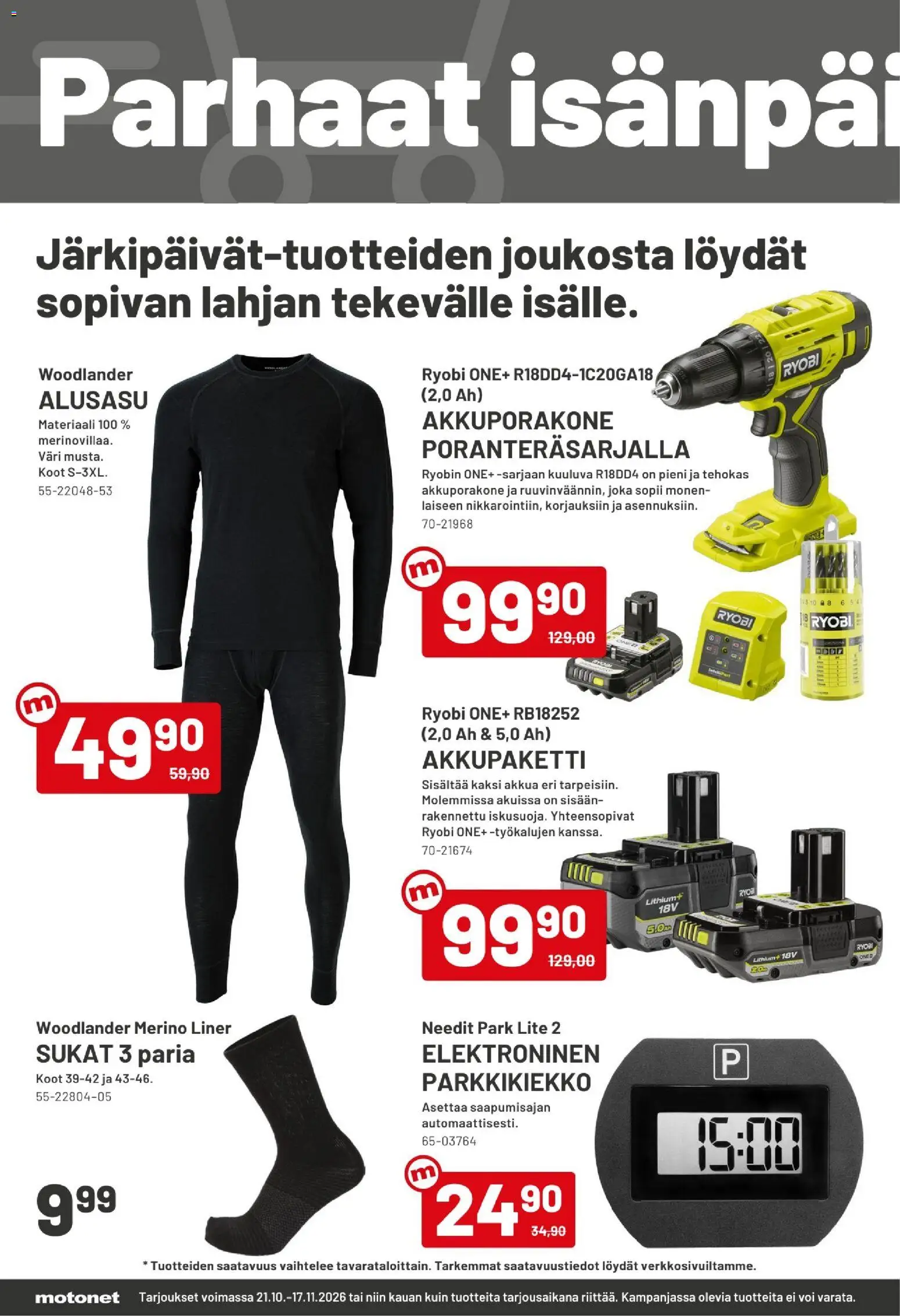 Motonet tarjoukset – voimassa 21/10/2026 alkaen | Sivu: 2 | Tuotteet: Parkkikiekko, Voi, Sukat