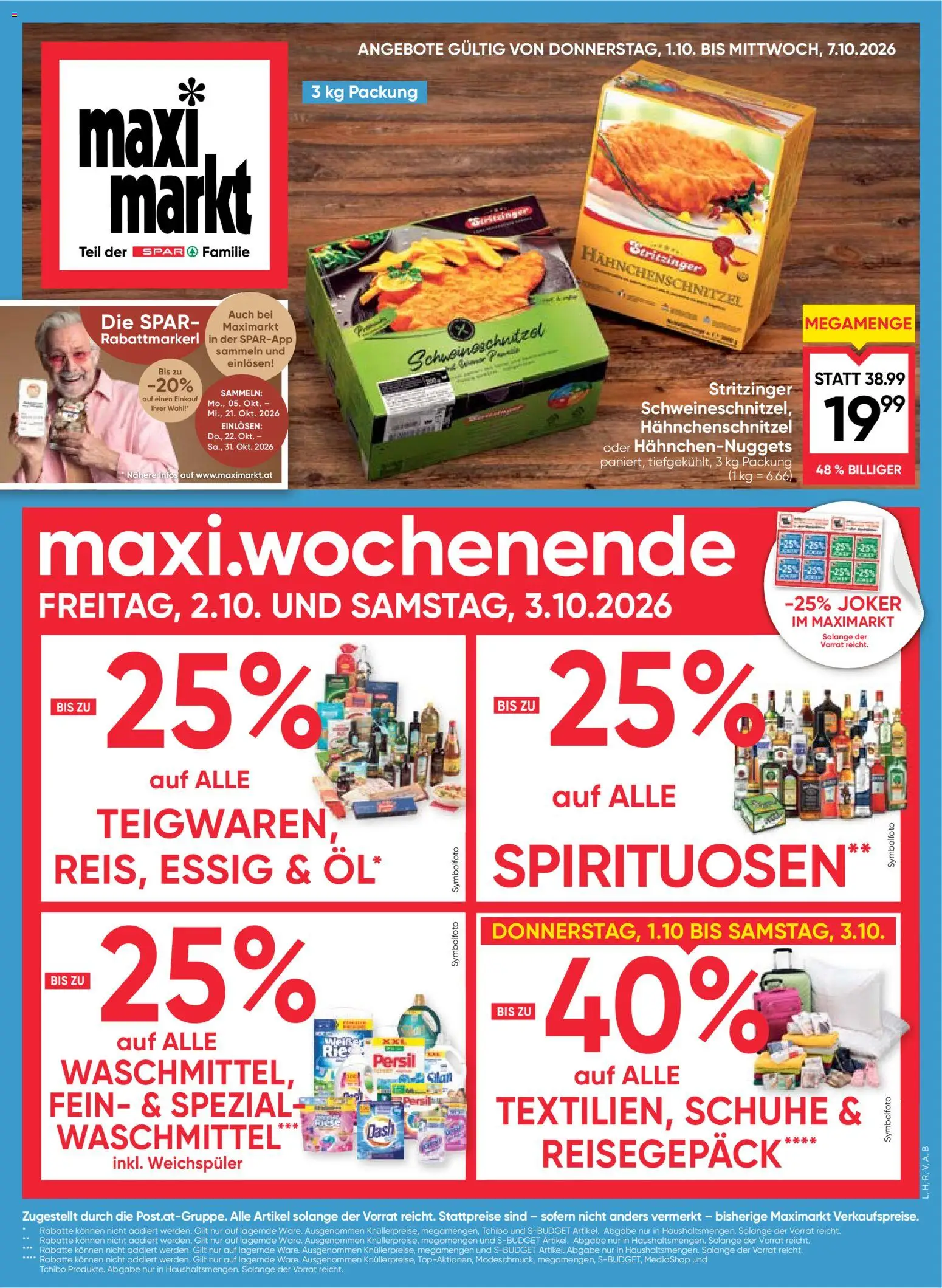 Maximarkt maxi.wochenende gültig ab 01.10.2026 | Seite: 1 | Produkte: Hähnchenschnitzel, Weichspüler