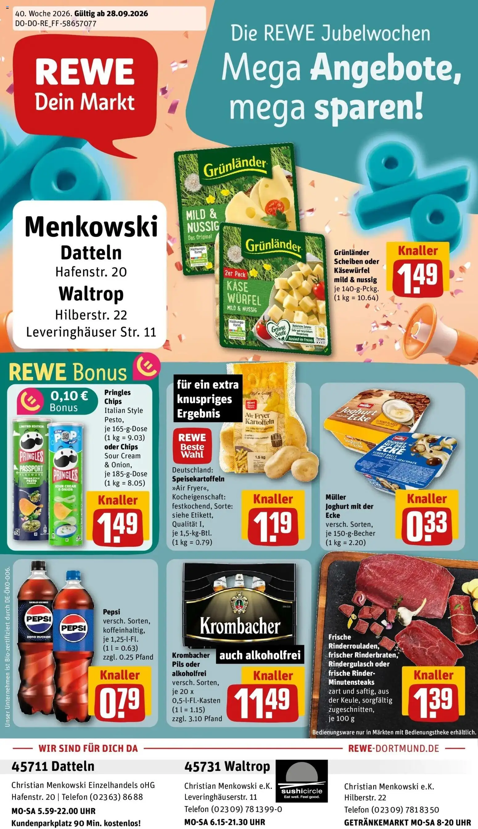 REWE Prospekt ab 28.09.2026 zum Blättern » Angebote | Seite: 1 | Produkte: Rindergulasch, Grunlander, Zucker, Telefon