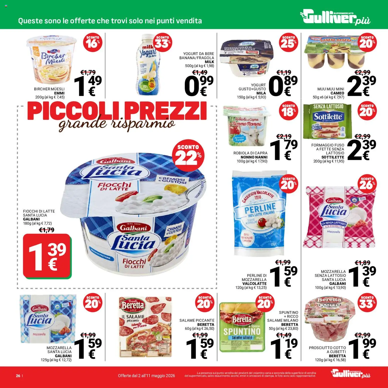 Volantino Gulliver del 02.05.2026 | Pagina: 26 | Prodotti: Yogurt, Salame, Fiocchi di latte, Formaggio