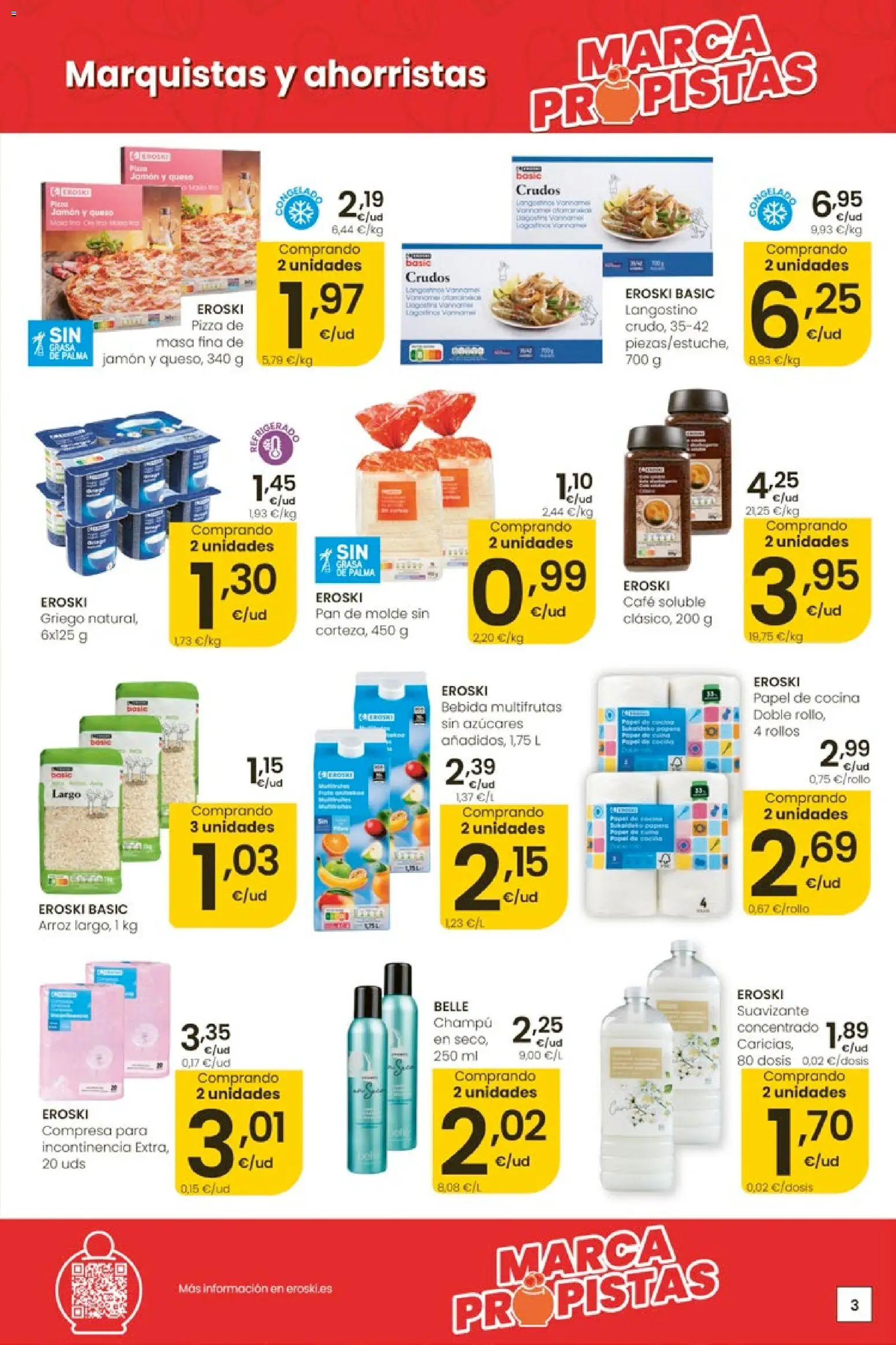 Eroski Ofertones de verano │ válido desde el 28.05.2026 | Página: 3 | Productos: Jamón, Pan de molde, Μηχανή καφέ, Langostino