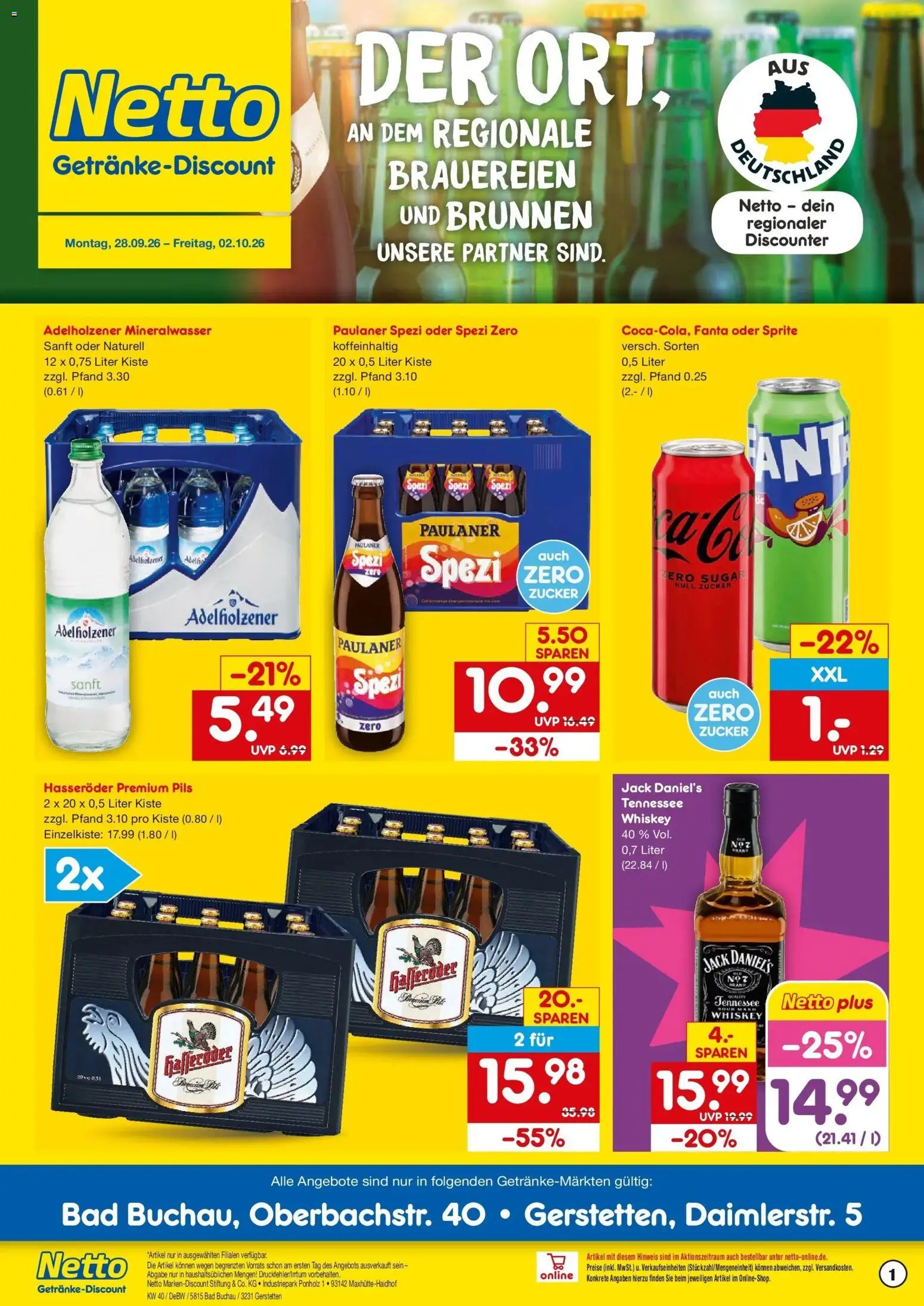 Netto Marken-Discount Prospekt Bad Buchau (ab 28.09.2026) » Angebote | Seite: 1 | Produkte: Sprite, Paulaner spezi, Jack Daniel's, Paulaner